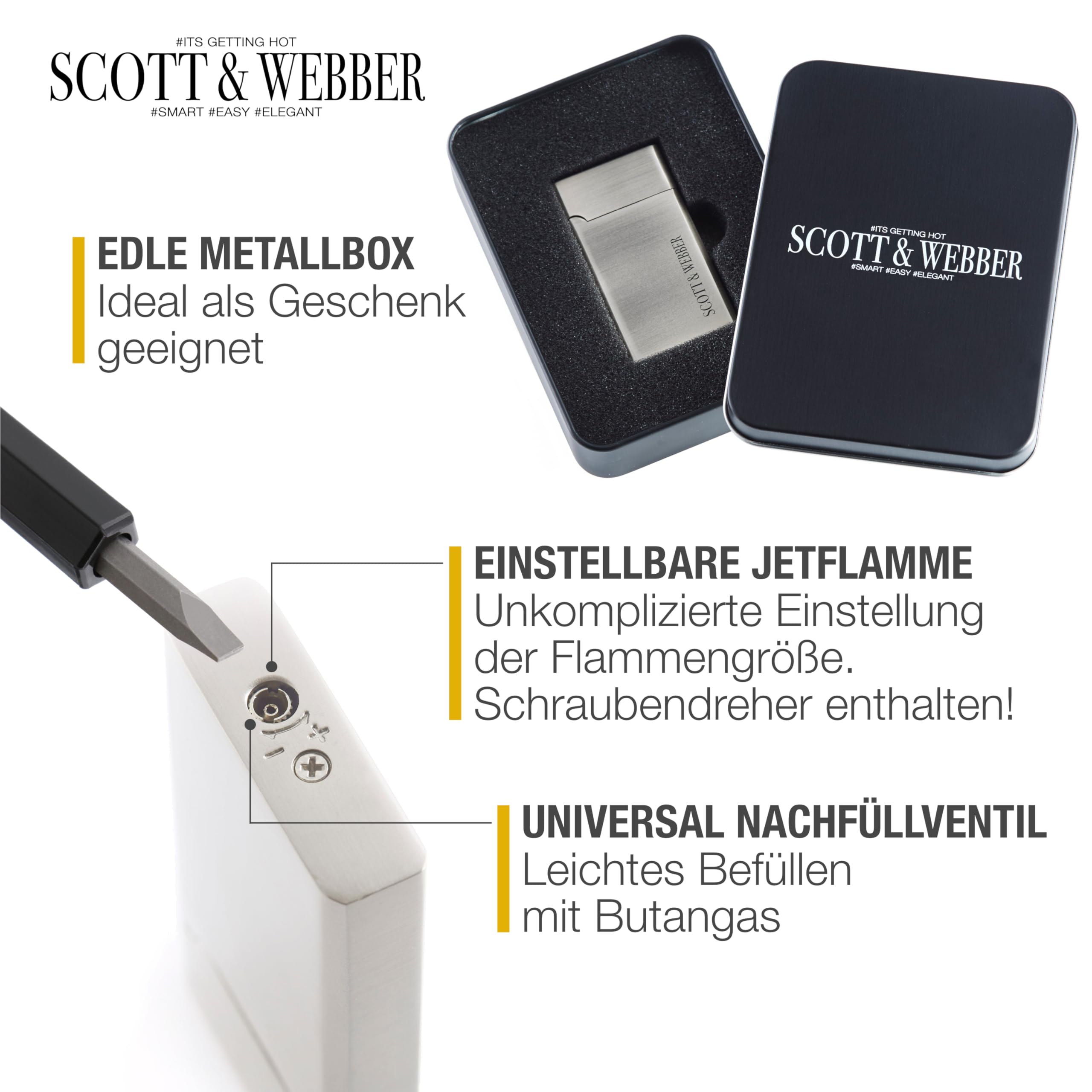 Scott & Webber® - Sturmfeuerzeug mit Jetflamme - Nachfüllbares Feuerzeug aus Metall einstellbar bis 1300°C - Inkl. edler Metallbox (Silber Square)