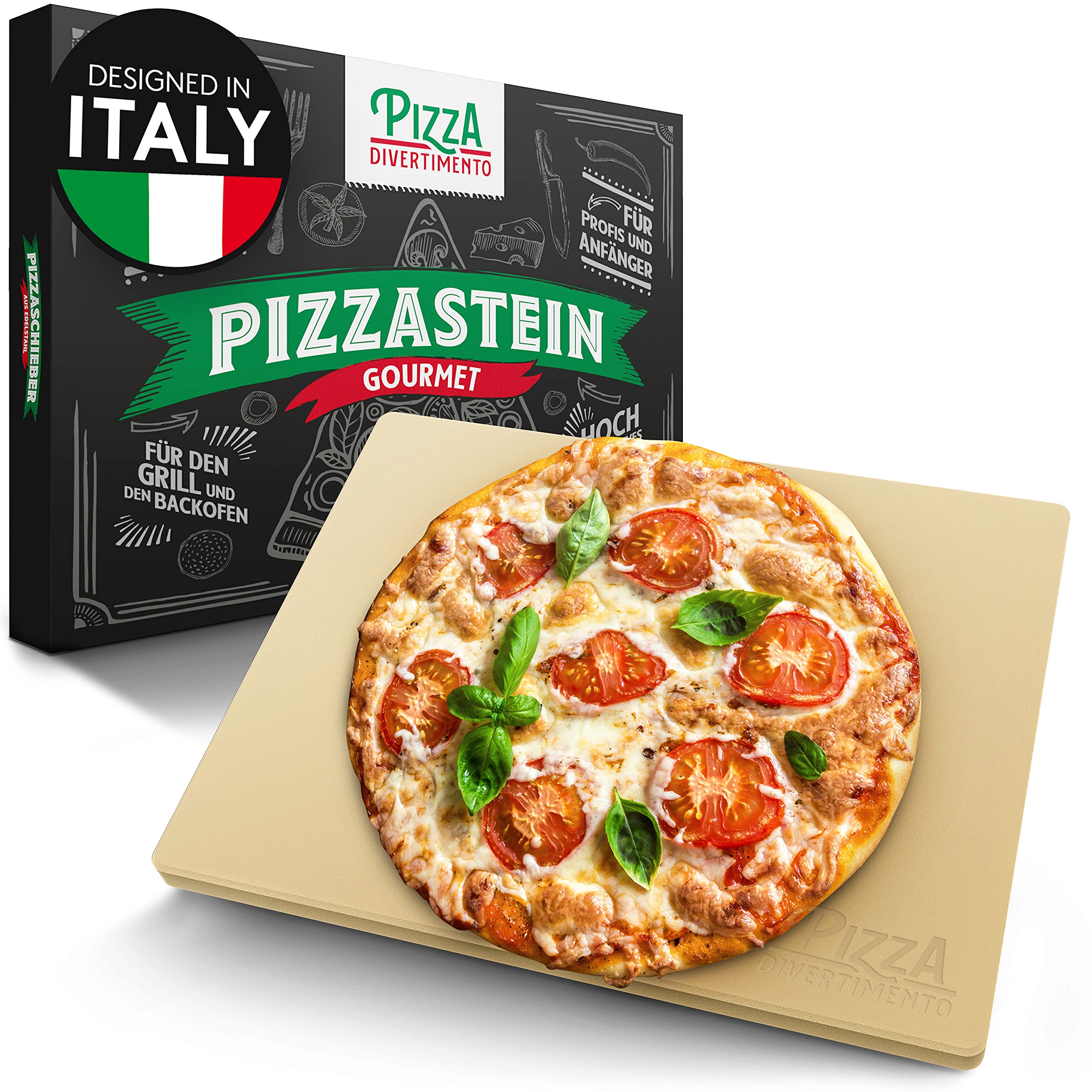 Pizza Divertimento - DAS ORIGINAL - Pizzastein für Backofen & Gasgrill – Vergleich.org ausgezeichnet - Pizza Stein aus Cordierit bis 900 °C – Für knusprigen Boden & saftigen Belag - Inkl. e-Rezeptbuch