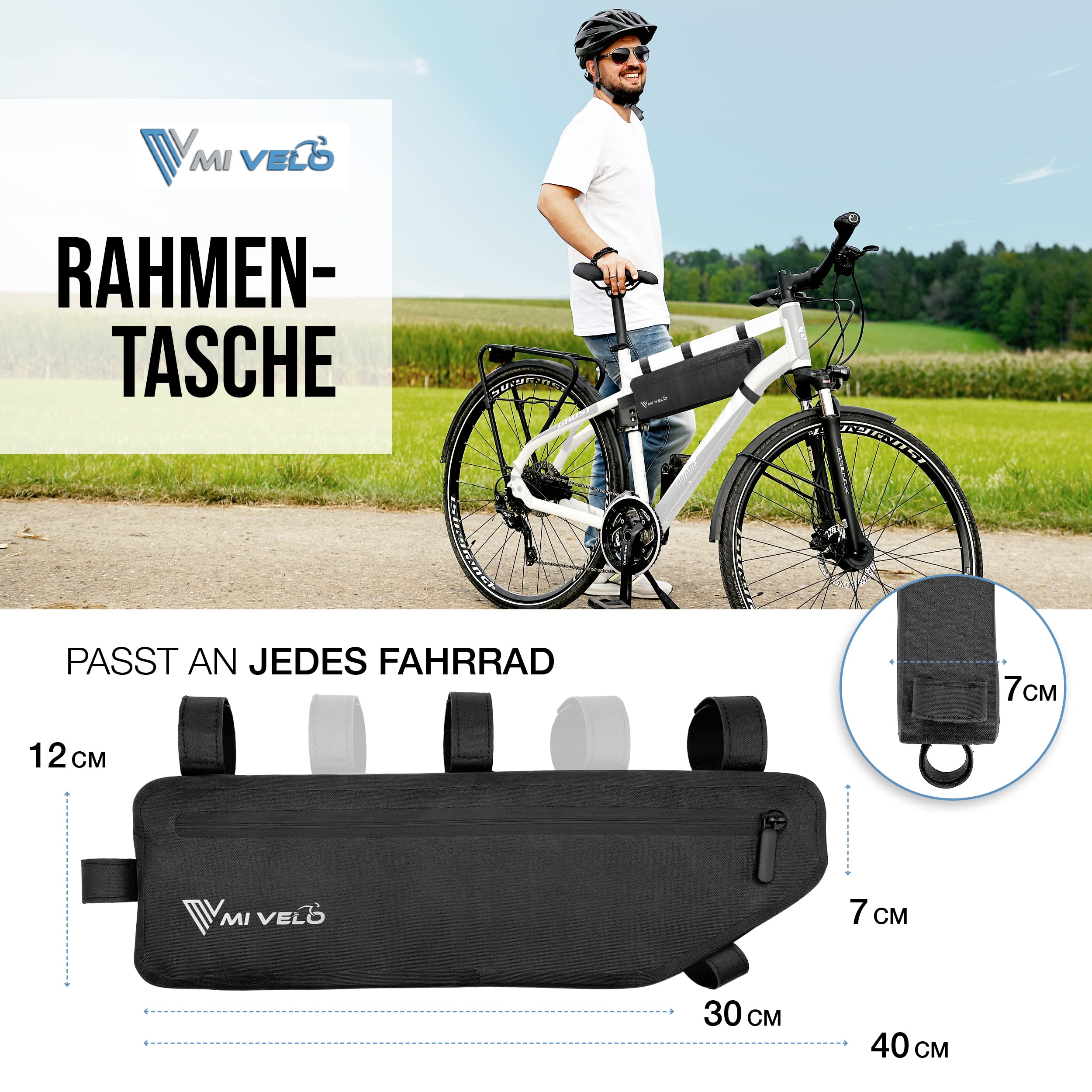 MIVELO Fahrradtasche Rahmen - Rahmentasche Fahrrad - 100% recyclebar und wasserdicht - Oberrohrtasche - 3L schwarz