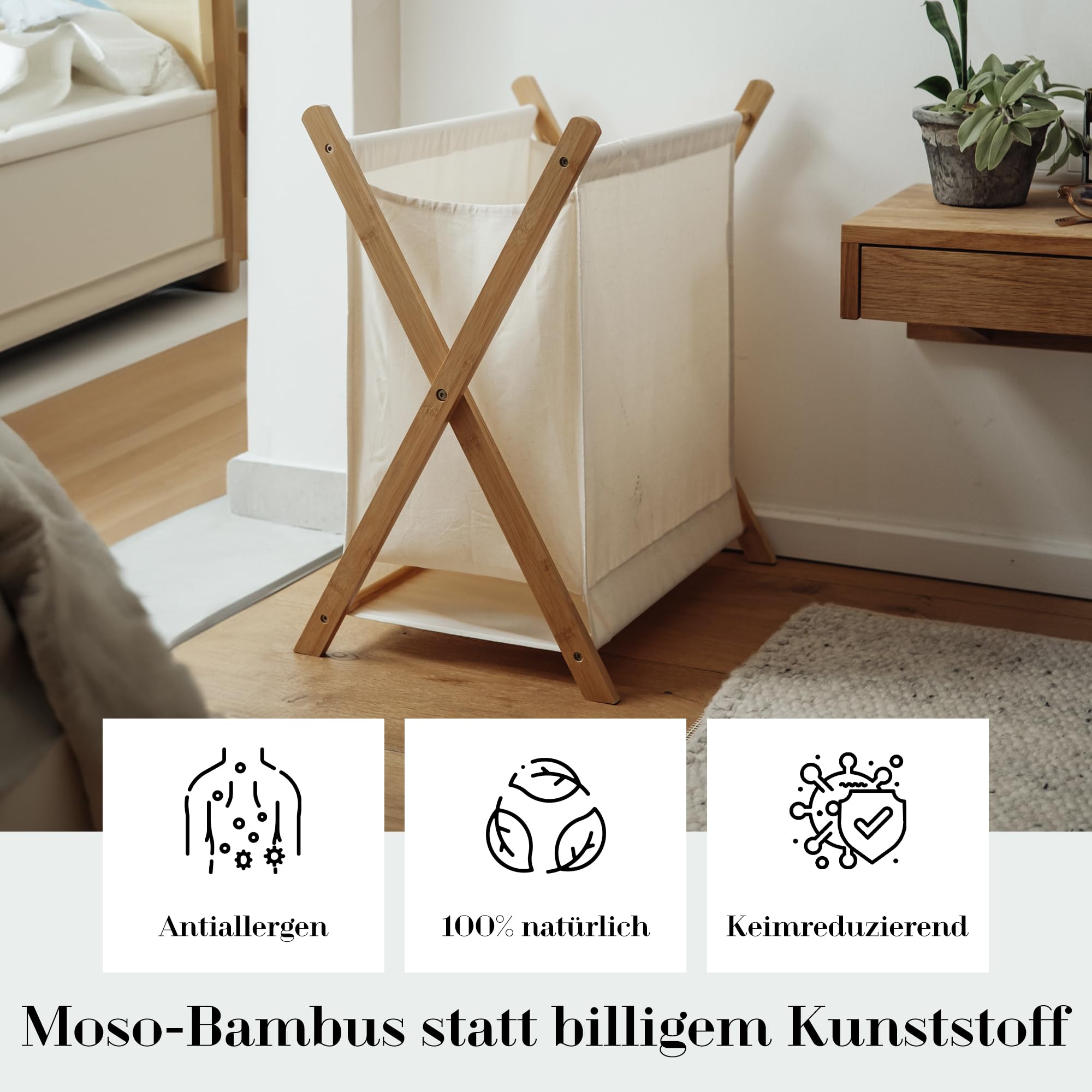 HeimGlück Wäschekorb - Wäschesammler beige [60l Halbleinen-Bambus Wäschekorb faltbar] nachhaltiger Wäschekorb klappbar, Wäschesortierer, Wäschetrenner, Wäschebox, laundry organizer | jetzt anschauen