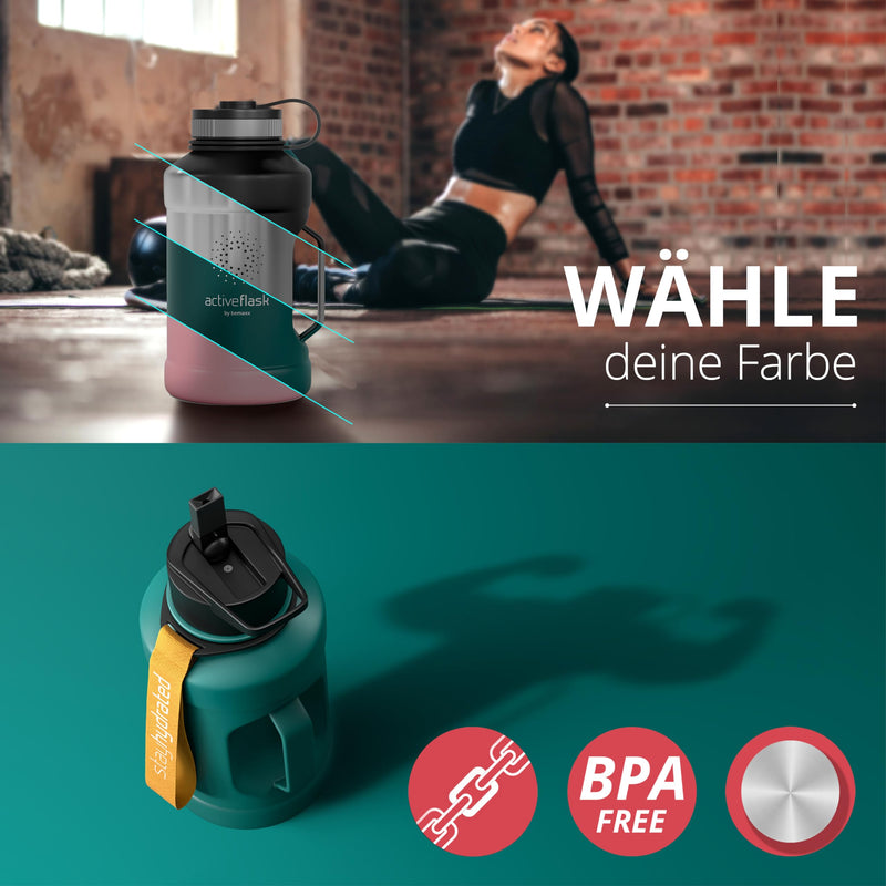 BeMaxx Trinkflasche Edelstahl ACTIVE FLASK + Strohhalm (3 Deckel) | Große 1,3 Liter Sportflasche BPA-frei Auslaufsicher Kohlensäure geeignet, 2l XL Wasserflasche Sport Outdoor Fitness Wasser Flasche