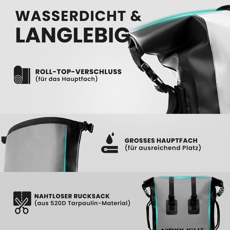 Nordlight Wasserdichter Rucksack Dry Bag 35l - (Anthrazit) Roll Top Rucksack mit gepolstertem Tragegurt, wasserdichte Tasche für Wassersport, Fahrrad Rucksack, Kurierrucksack, Trekking, Angeln