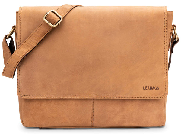 LEABAGS Leder Umhängetasche Herren & Damen I Echtleder Laptoptasche bis 14 Zoll I Messenger Bag mit Schultergurt I Schultertasche I Arbeitstasche I Tragetasche I Handtasche I Nature Hellbraun