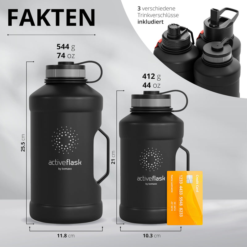 BeMaxx Trinkflasche Edelstahl ACTIVE FLASK + Strohhalm (3 Deckel) | Große 1,3 Liter Sportflasche BPA-frei Auslaufsicher Kohlensäure geeignet, 2l XL Wasserflasche Sport Outdoor Fitness Wasser Flasche