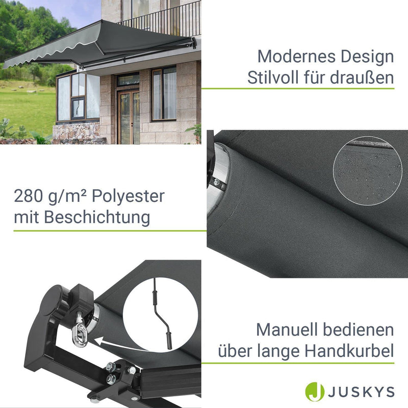 Juskys Markise 350 x 300 cm - Beschattung Terrasse & Balkon - Gelenkarmmarkise mit Kurbel & Halterung - Sonnenschutz Balkonmarkise Gelenkmarkise Grau