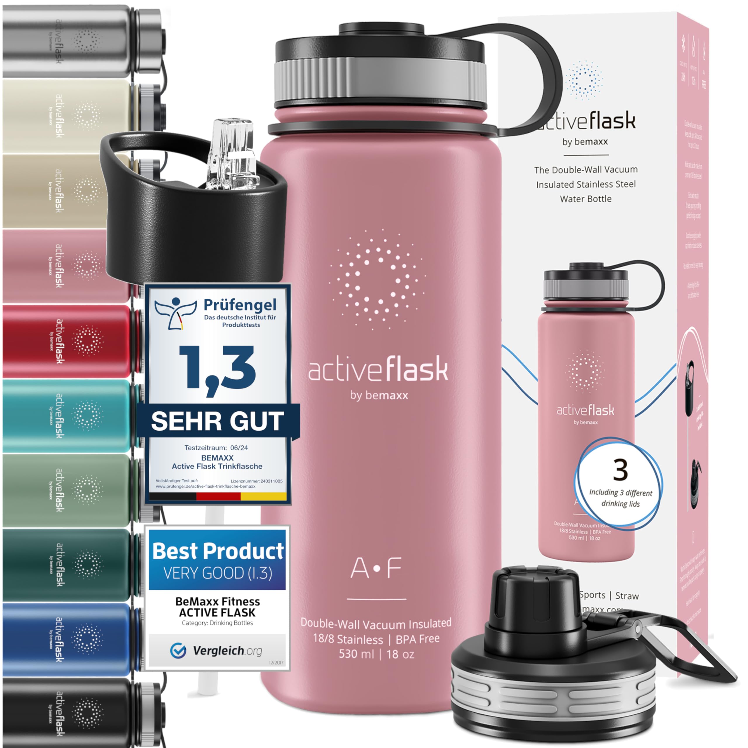 Trinkflasche Edelstahl ACTIVE FLASK + Strohhalm (3 Deckel) BPA-frei, Auslaufsicher, Kohlensäure geeignet - Wasserflasche Fahrrad Thermosflasche Isoliert Isolierflasche Sport Wasser Flasche Kinder Tee