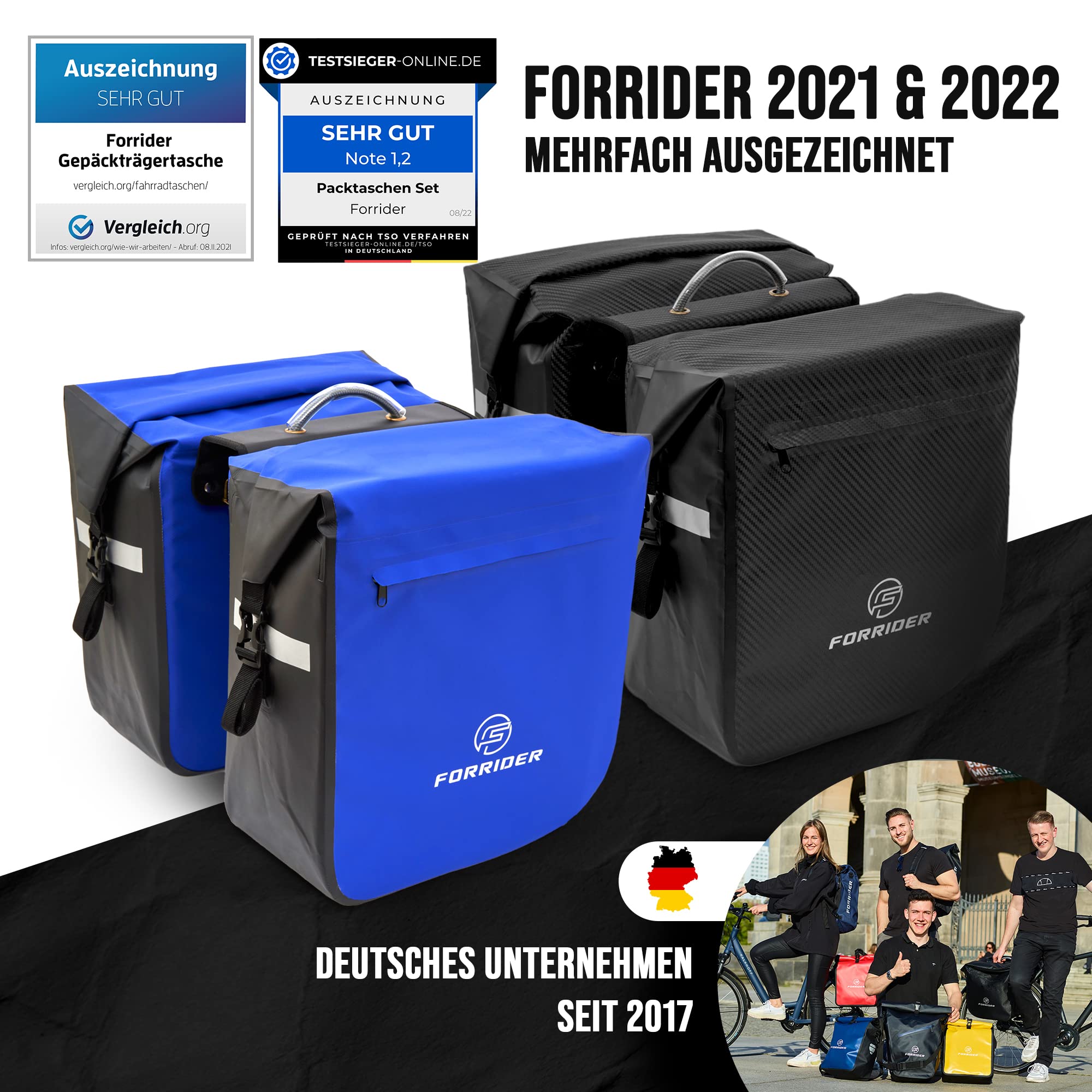 Forrider 2er Set Fahrradtaschen für Gepäckträger Wasserdicht Reflektierend | Gepäckträgertaschen 44L | Sattel Tasche fürs Fahrrad zum Einkaufen