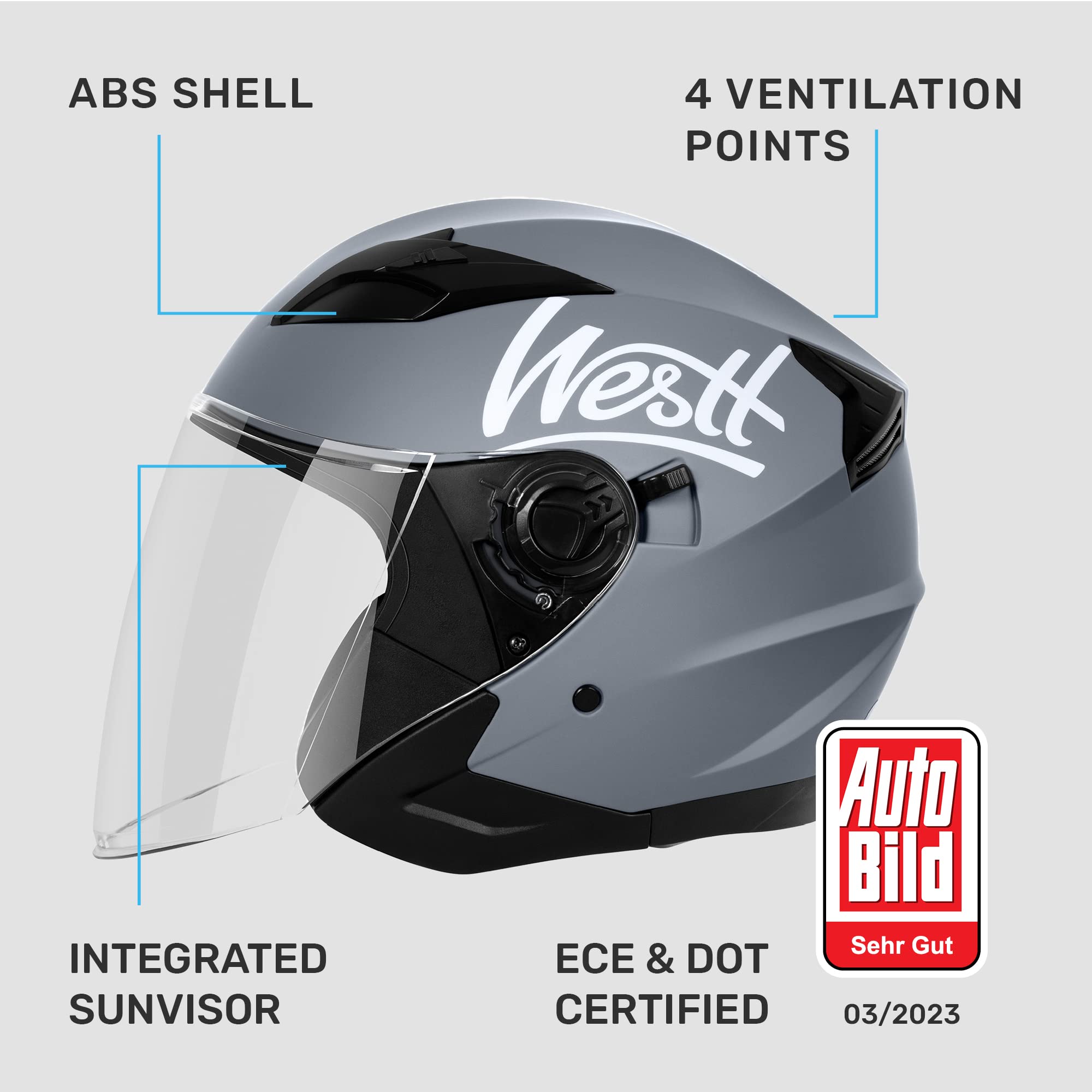 Westt Jethelm mit Visier & Sonnenblende Motorradhelm Herren Damen Rollerhelm Mopedhelm Mofa Chopper Helm Motorrad Halbhelm Open-Face-Helm Pilotenhelm ECE DOT Zertifiziert, matt grau, L (57-58 cm)