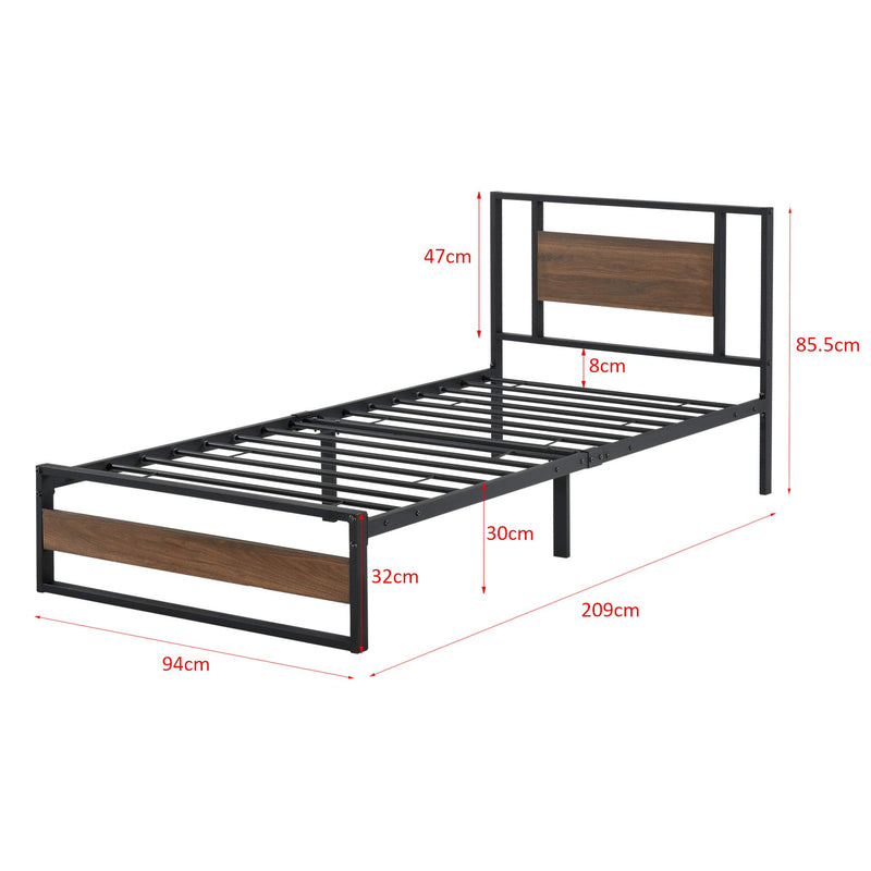 [en.casa] Metallbett 90x200 cm Stahlrahmen Schwarz Spanplatte Walnuss-Optik Bettgestell