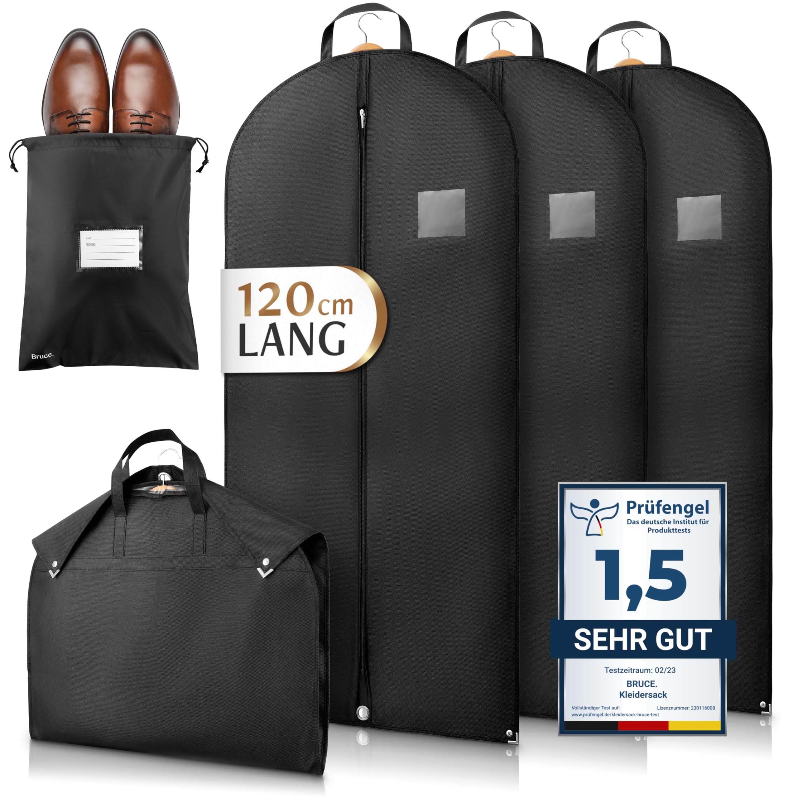 Bruce.® 3x Premium Kleidersack inkl. 1x Schuhbeutel I 120 x 60 cm I Optimierte Materialstärke von 120 GSM I Kleiderhülle für Anzug und Kleid I Atmungsaktive Anzugtasche für Reisen, Kleidersäcke lang