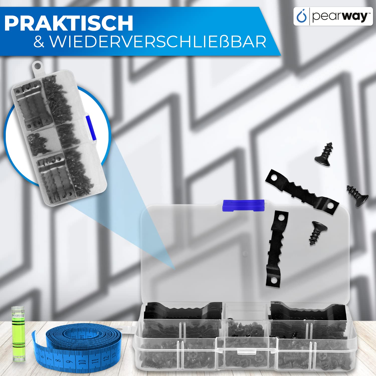 PEARWAY™ Profi Bildaufhänger Set [100 Stück] inkl. Maßband & Wasserwaage I Stabile Zackenaufhänger für Maximalen Halt I Bilderhaken - Ideal für Leinwände & Holzrahmen I Aufhänger für Bilder