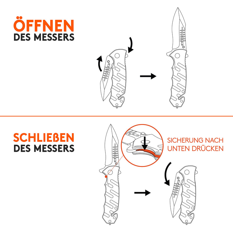 Wolfgangs Survival-Klapp-Messer AUXILUM aus 440C Stahl - Einhändig bedienbares Outdoor-Messer mit Glasbrecher & Gurtschneider (Schwarz)