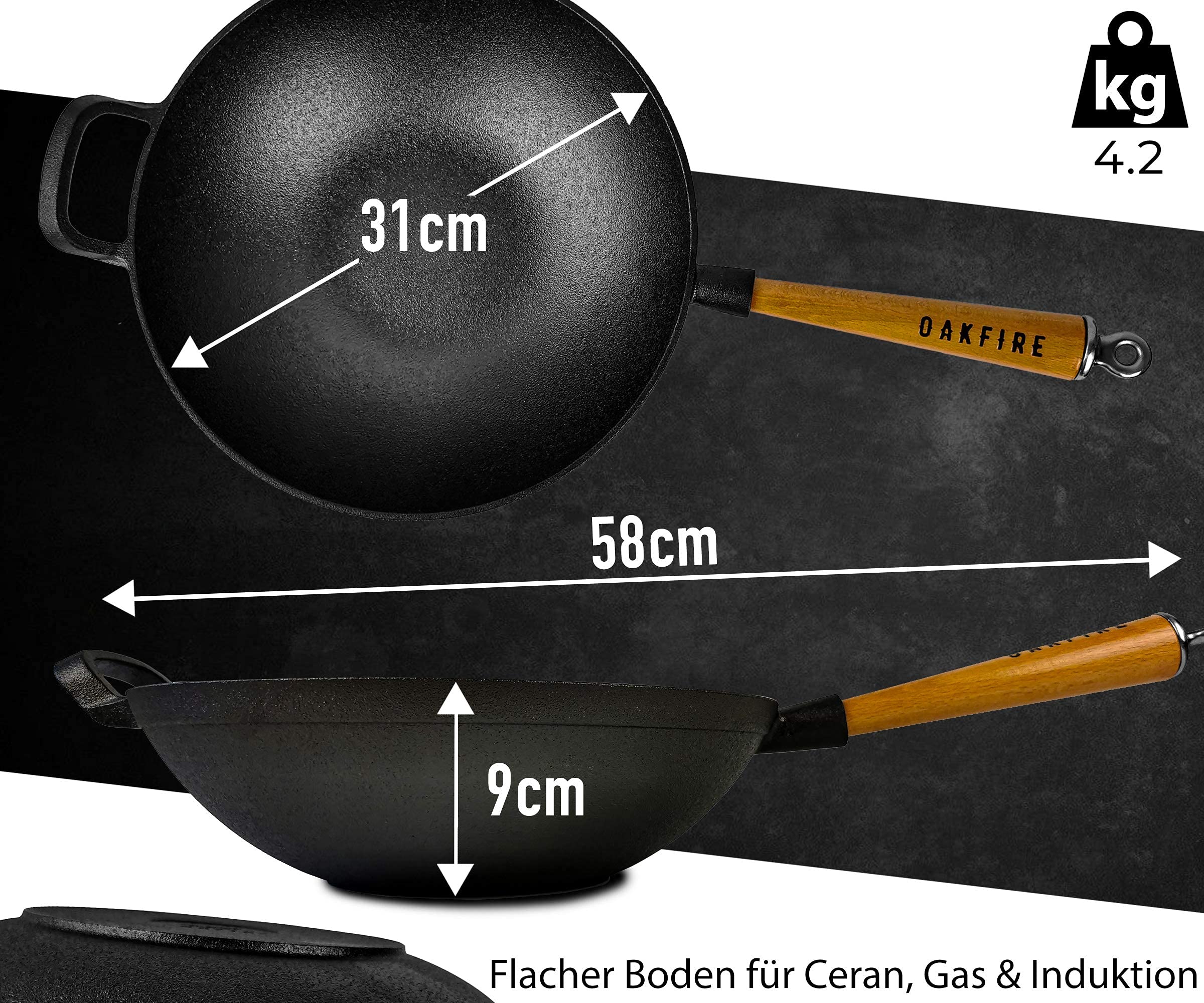 Oakfire Wokpfanne Gusseisen Induktion 31cm Groß Grill Wok Pfanne Holzgriff Cast Iron mit Non-Stick Patina