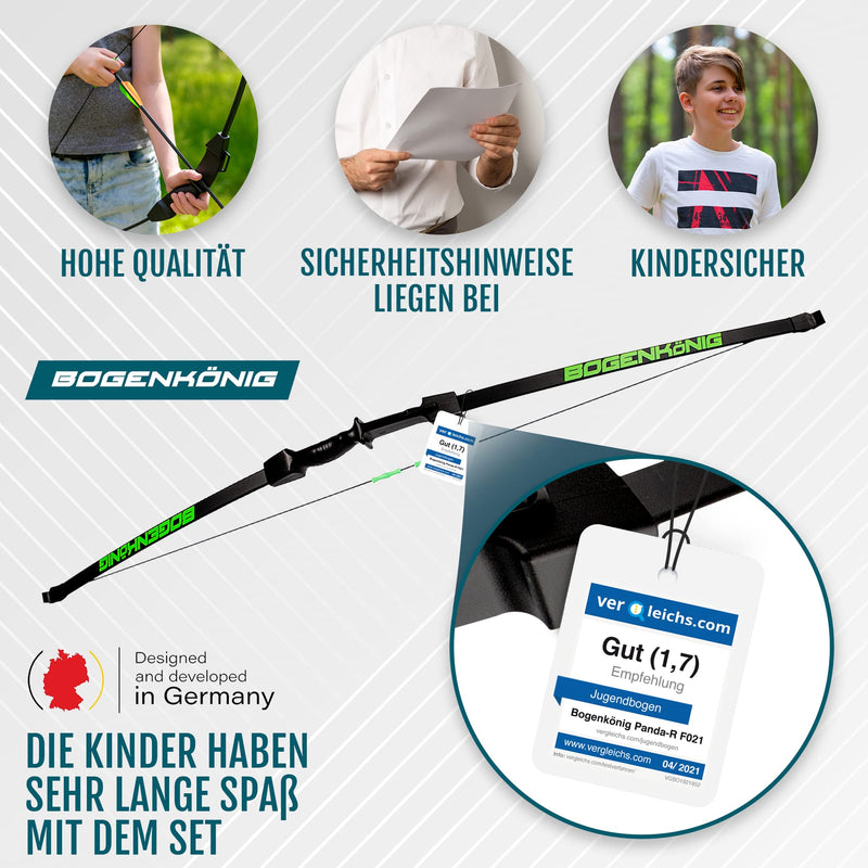 Bogenkönig Sicheres & Spaß Kinder Pfeil und Bogen Set - 6,8kg Zugkraft - Outdoor Abenteuer mit Kinderbogen Set mit Zielscheibe für Saugnapf und Pfeil mit Spitze - Kinder Bogenschießen Set ab 6 Jahre