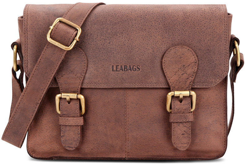 LEABAGS Leder Umhängetasche Herren & Damen I Messenger Bag mit Schultergurt I Schultertasche I Arbeitstasche I Tragetasche I Handtasche I Echtleder Tasche I Nature Dunkelbraun