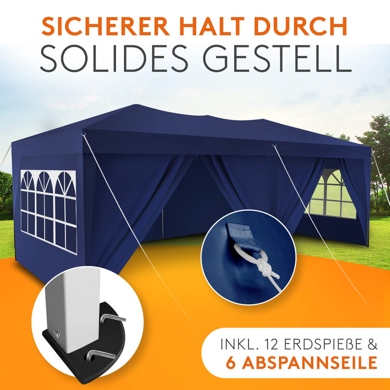 Kronenburg Faltpavillon wasserdicht Pavillon mit 6 Seitenteilen, Gartenzelt, 3x6 m - mit UV Schutz 50+, Blau