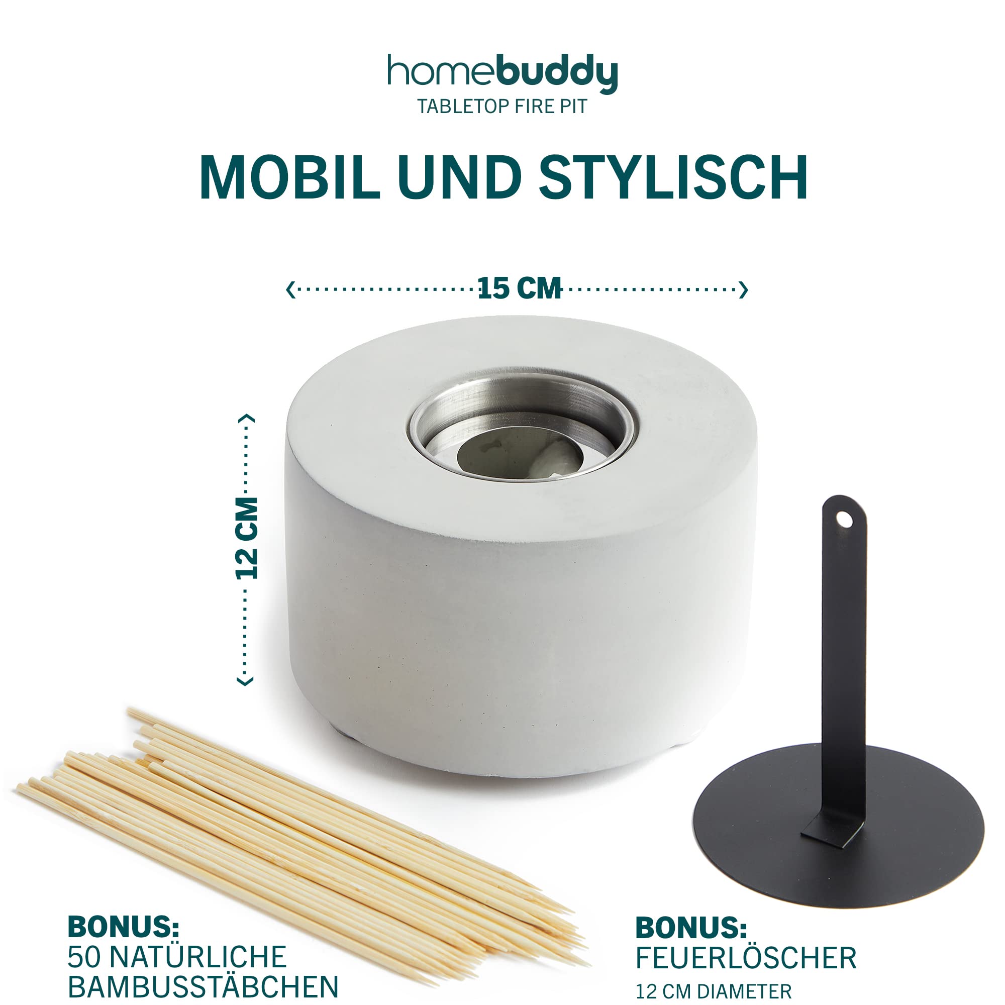 Homebuddy Tisch Feuerstelle - Bioethanol Tischkamin - Tragbares Tischfeuer, Lang Brennend & Rauchfrei - Tischkamin Tischfeuer Outdoor & Tischkamin Indoor & 50 Holzspieße - Mit Stilvollem Feuerlöscher