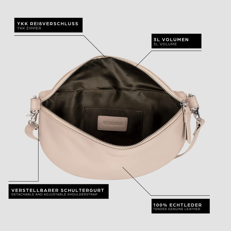 LEABAGS Bauchtasche aus echtem Leder | Gürteltasche mit Reißverschluss | Crossbody Bag für Damen