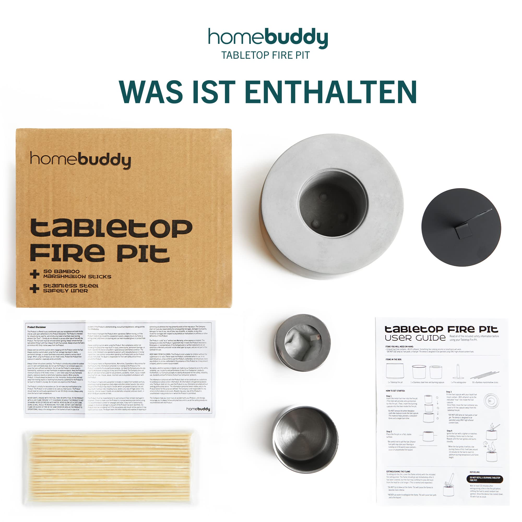 Homebuddy Tisch Feuerstelle - Bioethanol Tischkamin - Tragbares Tischfeuer, Lang Brennend & Rauchfrei - Tischkamin Tischfeuer Outdoor & Tischkamin Indoor & 50 Holzspieße - Mit Stilvollem Feuerlöscher