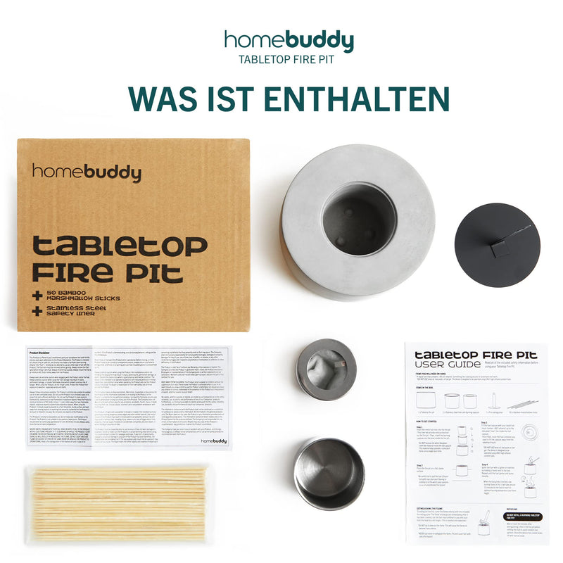 Homebuddy Tisch Feuerstelle - Bioethanol Tischkamin - Tragbares Tischfeuer, Lang Brennend & Rauchfrei - Tischkamin Tischfeuer Outdoor & Tischkamin Indoor & 50 Holzspieße - Mit Stilvollem Feuerlöscher