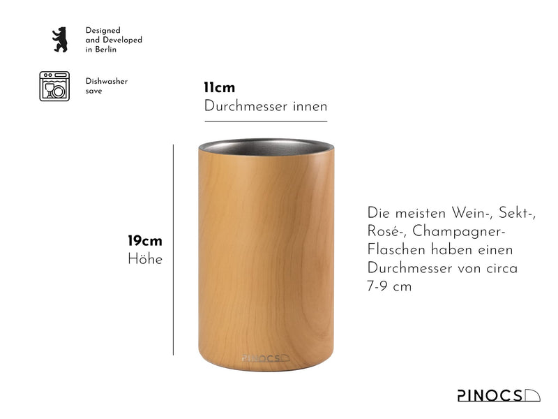 Pinocs Premium-Flaschenkühler in edler Holzoptik. Edelstahl-Weinkühler-Doppelwandig; ideal für Wein, Rosé, Sekt & Champagner