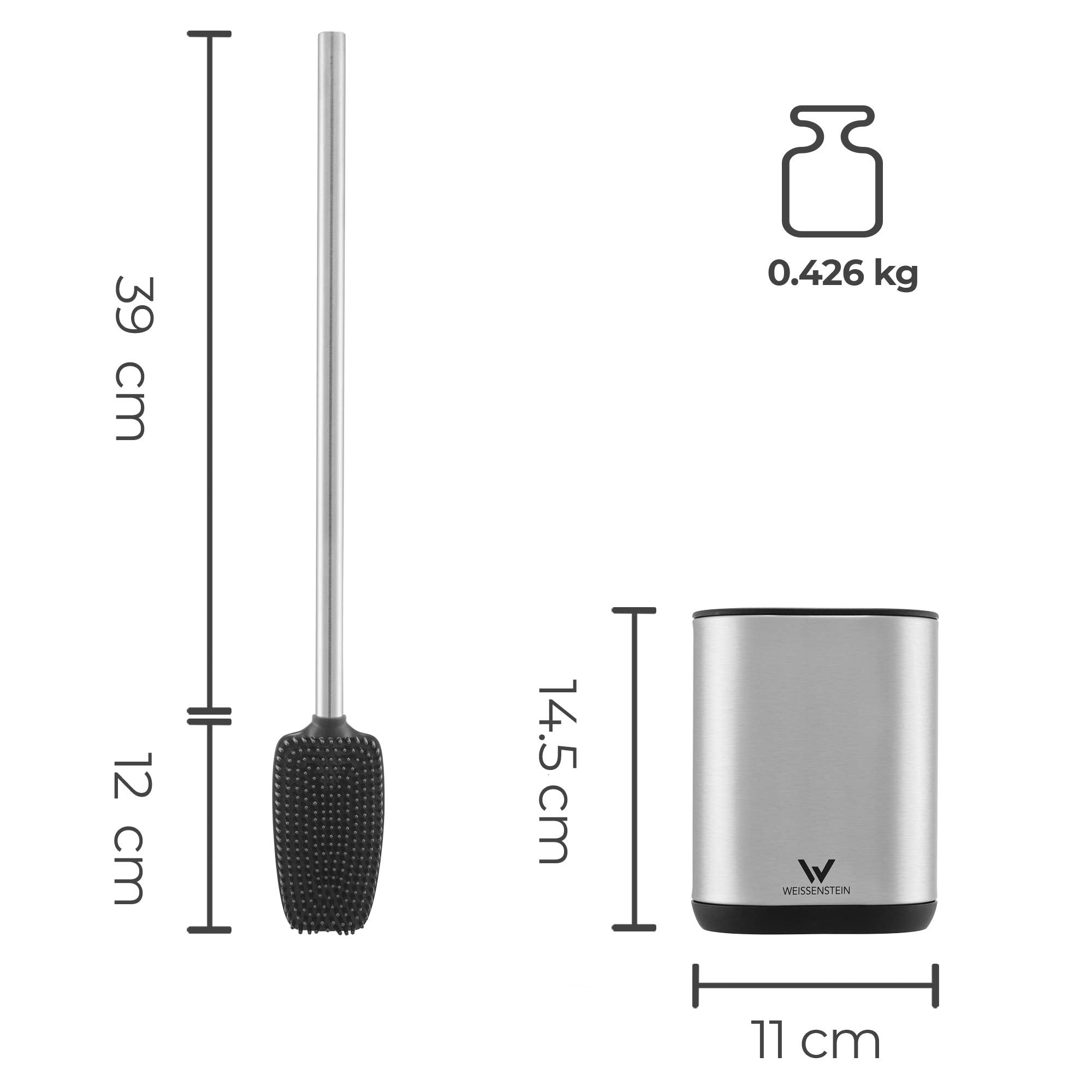 WEISSENSTEIN Klobürste Silikon - Flach & Flexibel - Toilettenbürste und Behälter - Stehend oder zur Wandmontage ohne Bohren - Schwarz - Halterung aus Edelstahl - Toilettenbürstengarnitur