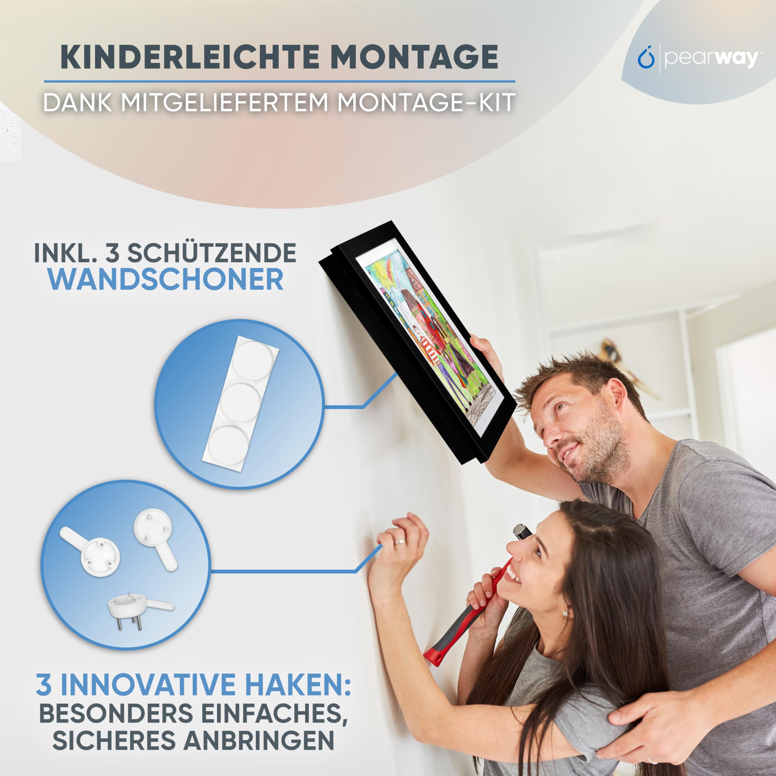 pearway Bilderrahmen Kinderzeichnungen A4 I Schwarz I Aufklappbar mit Wand- & Standfunktion I Bilderrahmen für Kinderzeichnungen I Bruchsicheres Glas I Kinderkunstrahmen I inkl. Montagekit