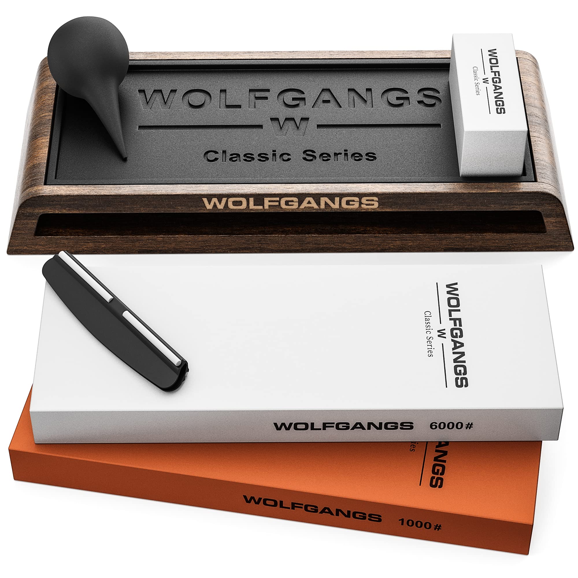 WOLFGANGS CLASSICS Premium Schleifstein Set zum Messer Schärfen - Hochwertiger Wetzstein + Abziehstein für Messer aller Art - Schleifstein Messer mit 1000/6000er Körnung + Silikon- und Winkelhalter