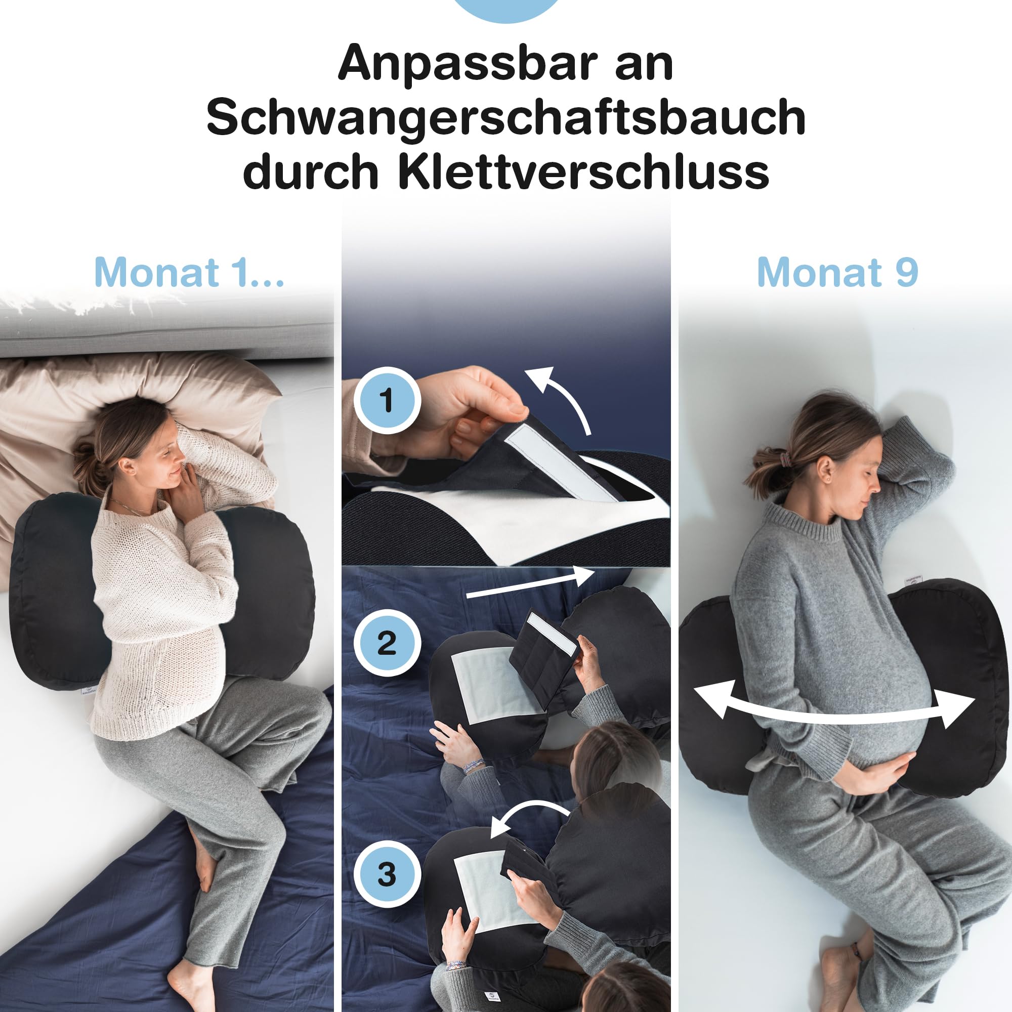 BabybeFun Schwangerschaftskissen [Platzsparend] Pregnancy Pillow für optimale Seitenlage mit Verstellbarer Größe für Schlafkomfort und gegen Rückenschmerzen | Schwarz