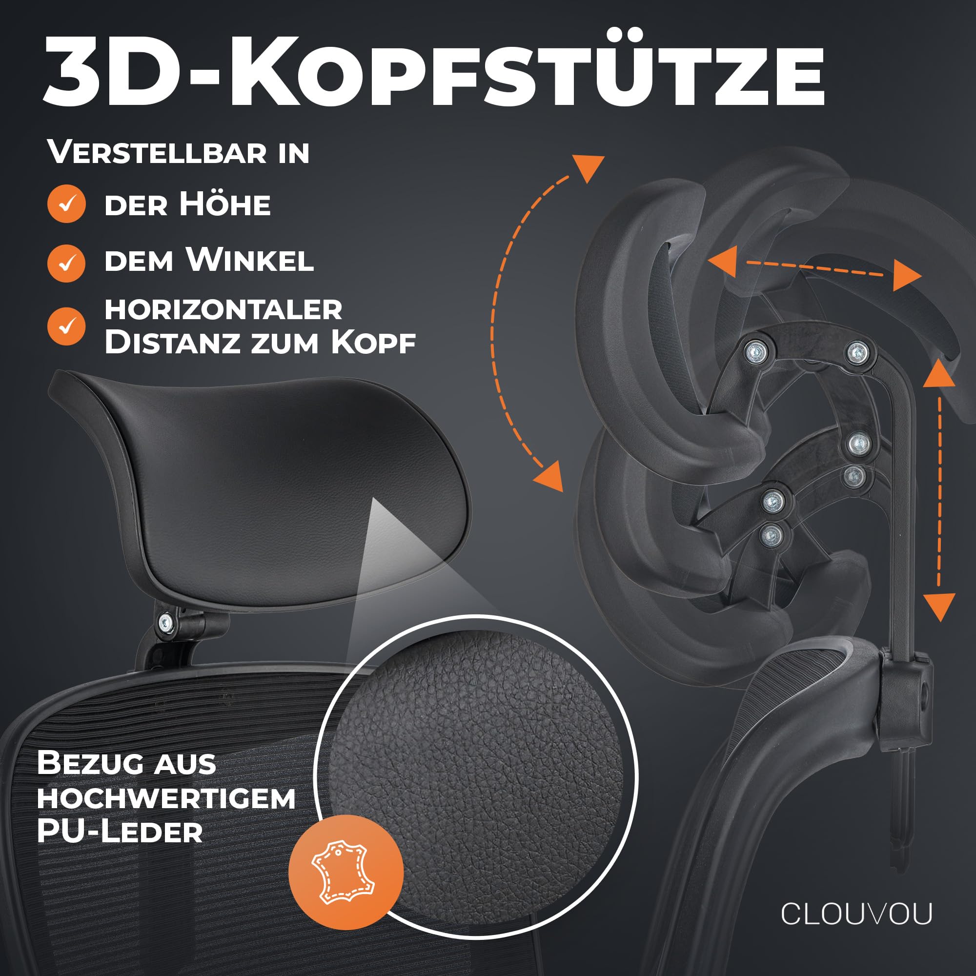 CLOUVOU SmartSeat Bürostuhl Ergonomisch | Schreibtischstuhl [3D PU Leder Kopfstütze, Blade Wheels, Chrom-Metall] | Büro Stuhl Höhenverstellbar & Rückenschonend, Office Chair Drehstuhl 150 kg