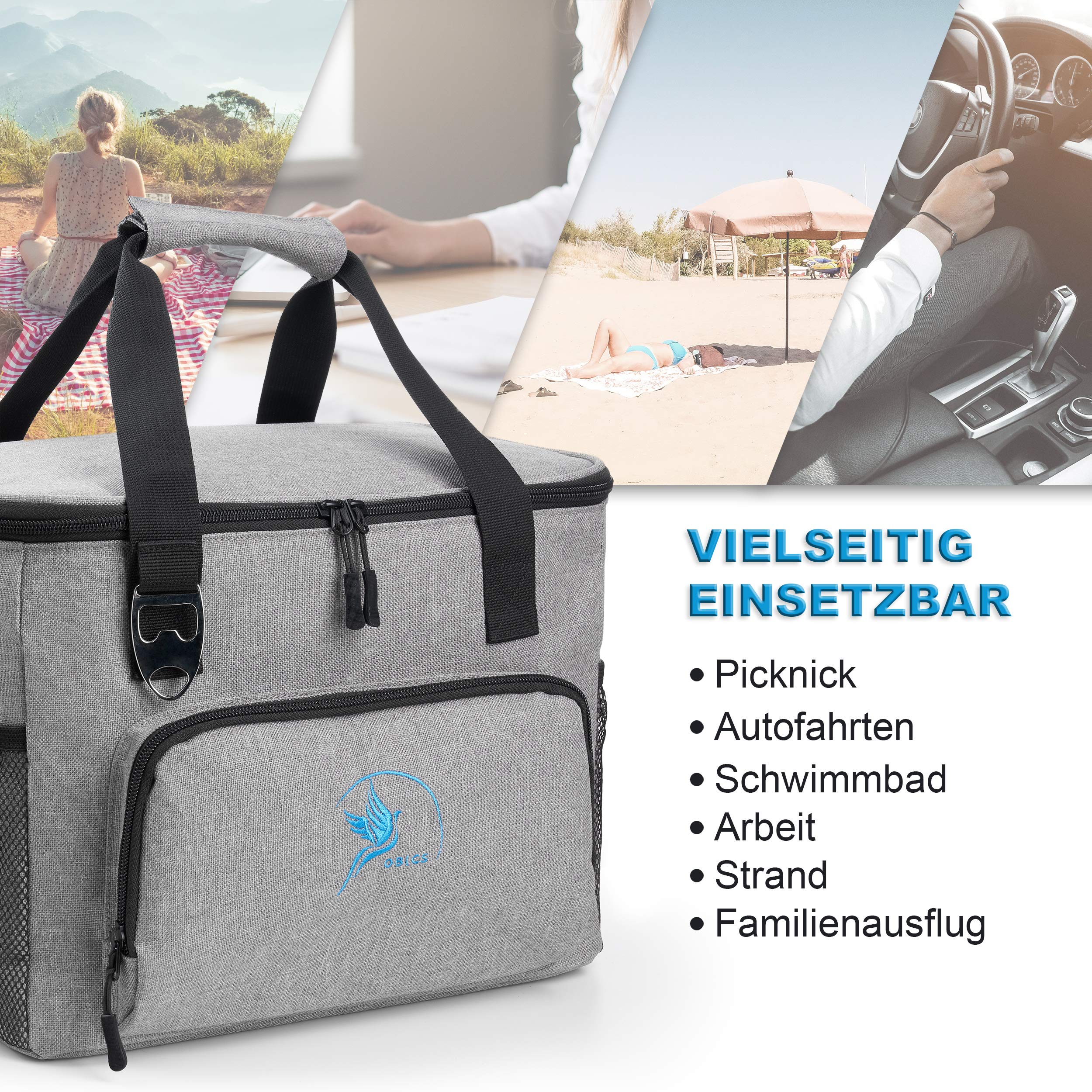 Obics Kühltasche klein 20l Kühlbox Lunchtasche mit Kühl-Akku faltbar - Thermo Isoliertasche Picknicktasche grau für Getränke & Auto - Thermotasche Essenstasche isoliert unterwegs - Einkaufstasche