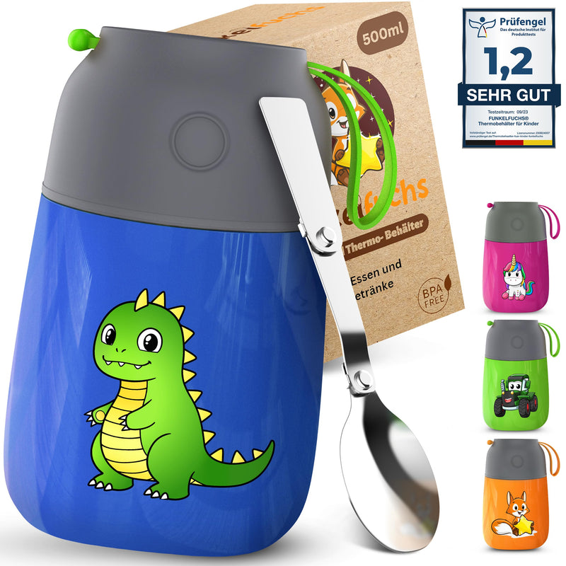 FUNKELFUCHS® Thermobehälter für Essen Kinder – 500ml, Blau Dino – 100% auslaufsicher - Warmhaltebehälter Essen Edelstahl – Thermobecher Essen – Thermo Lunchbox Kinder – Warmhaltebehälter Babybrei