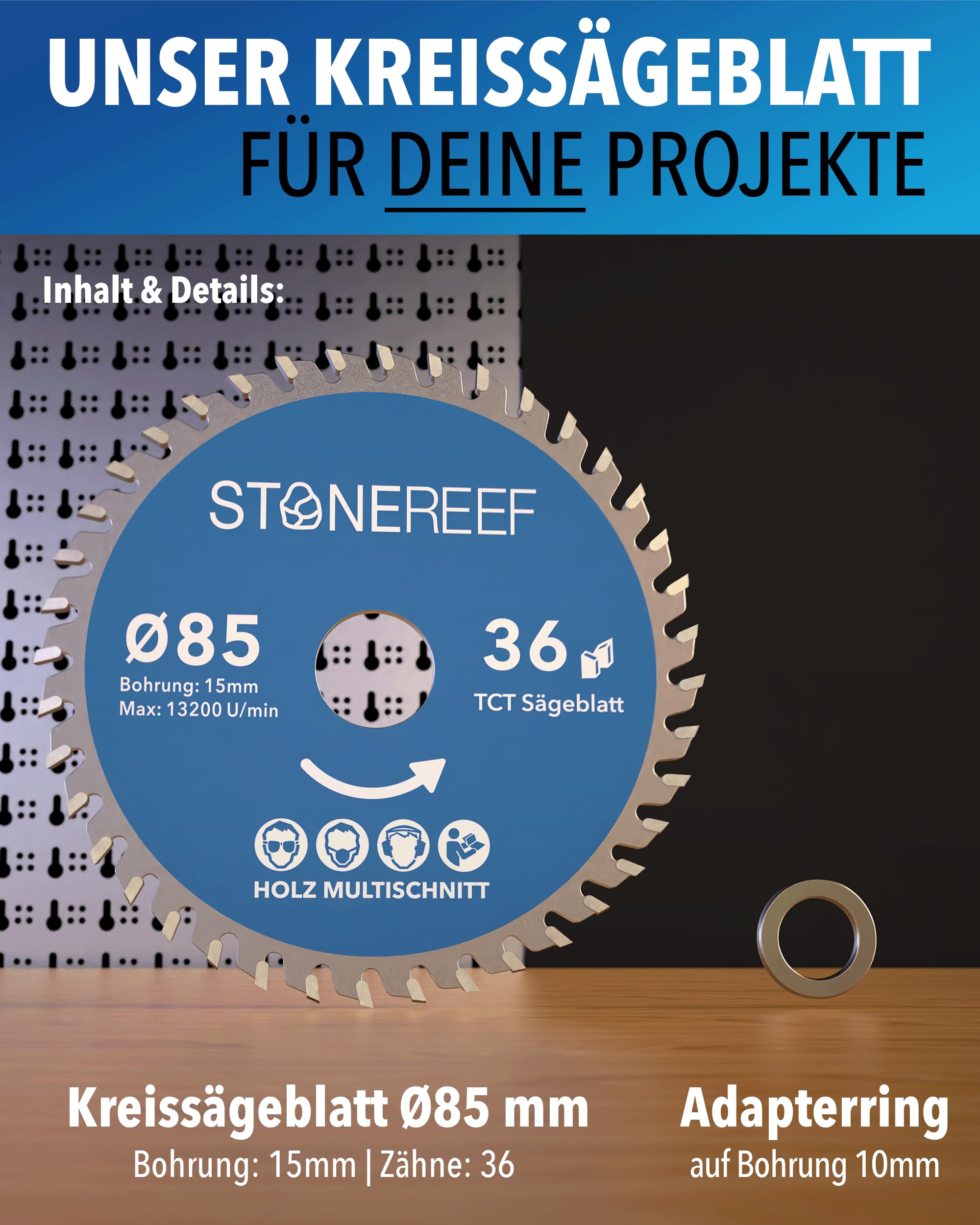 STONE REEF Sägeblatt 85x15 - Kreissägeblatt [inkl. Adapter auf Bohrung 10mm], kompatibel mit Winkelschleifer von Bosch, Makita usw. - Sägeblatt Kreissäge Nagelfest, ideal für Holz, Metall & Alu