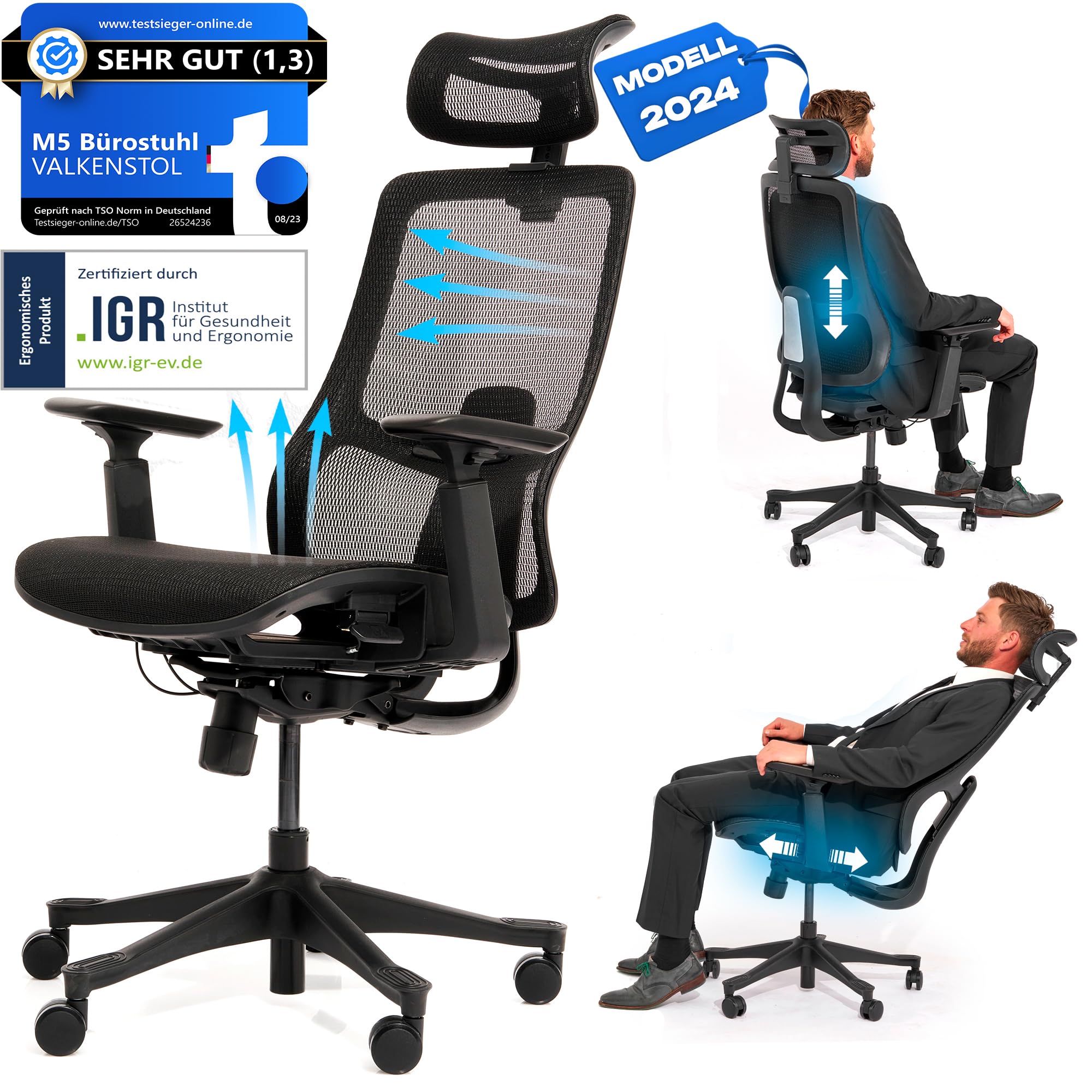 VALKENSTOL M5 Bürostuhl Ergonomisch - Höhenverstellbare Rückenlehne, Mesh-Sitz - Ergonomischer Bürostuhl Schreibtischstuhl Office Chair Bürostühle