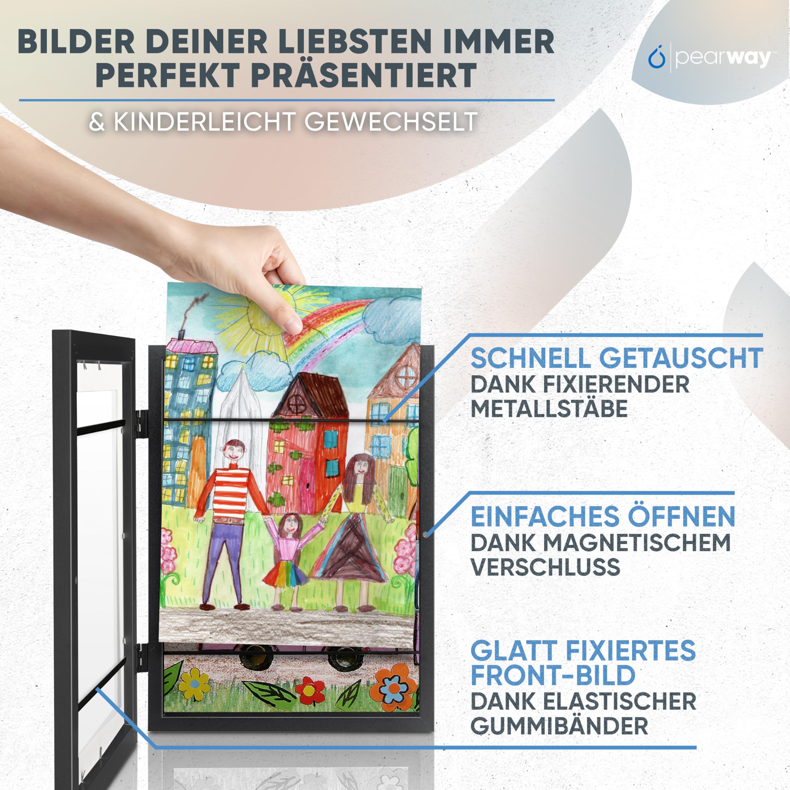 pearway Bilderrahmen Kinderzeichnungen A4 I Schwarz - 2 STÜCK I Aufklappbar mit Wand- & Standfunktion I Bilderrahmen für Kinderzeichnungen I Bruchsicheres Plexiglas I Kinderkunstrahmen I