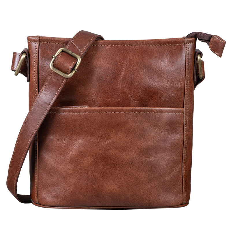 LEABAGS Leder Handtasche Damen I Premium Echtleder Umhängetasche I Damen Schultertasche I Damentasche I Tragetasche für Arbeit Uni Schule Freizeit I Größe M (24 x 23 x 6 cm) I Vintage Cognac