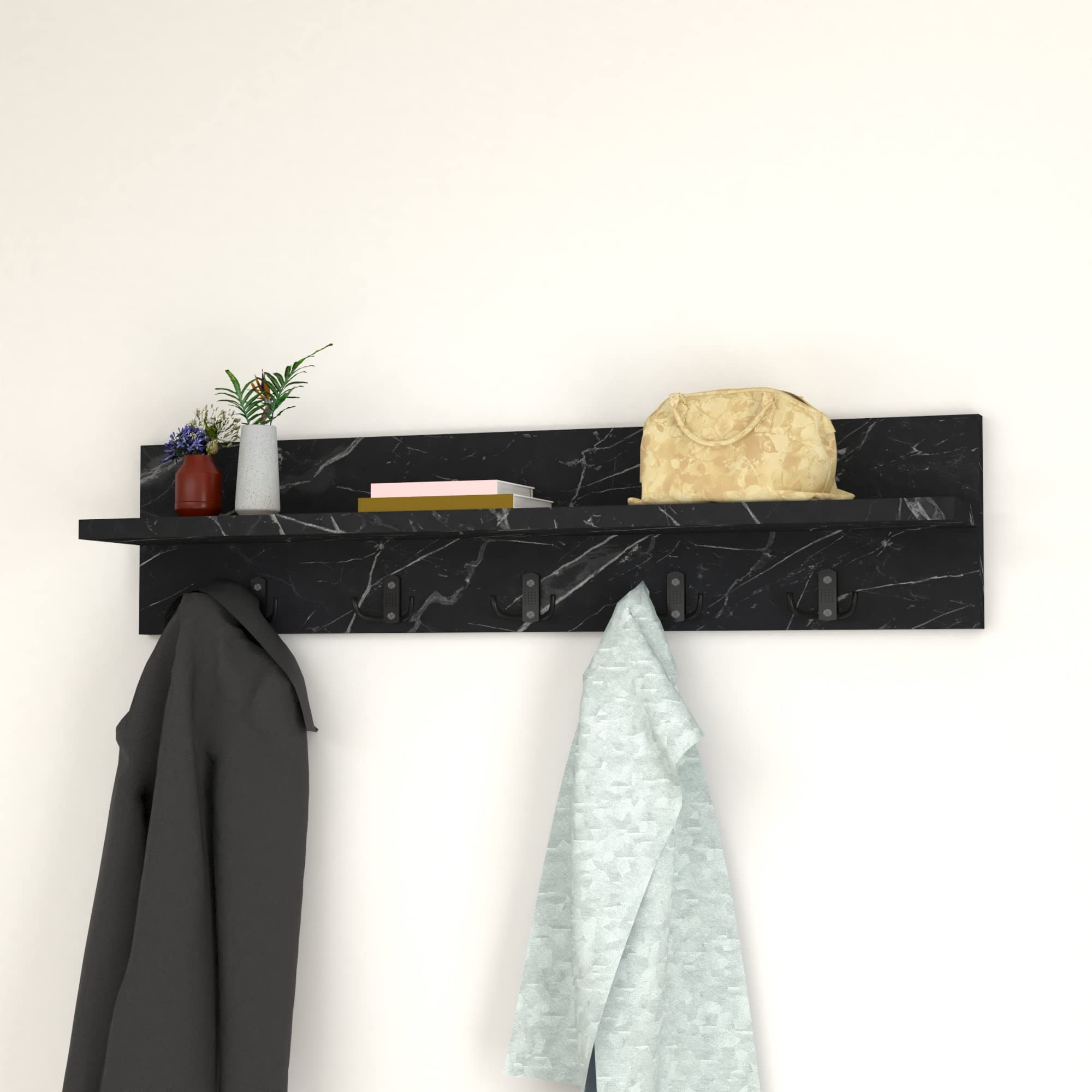 [en.casa] Wandgarderobe Hammarö mit 10 Garderobenhaken Schwarze Marmor-Optik Garderobenleiste Flurgarderobe mit Ablage Hakenleiste Jackenhalter Hutablage