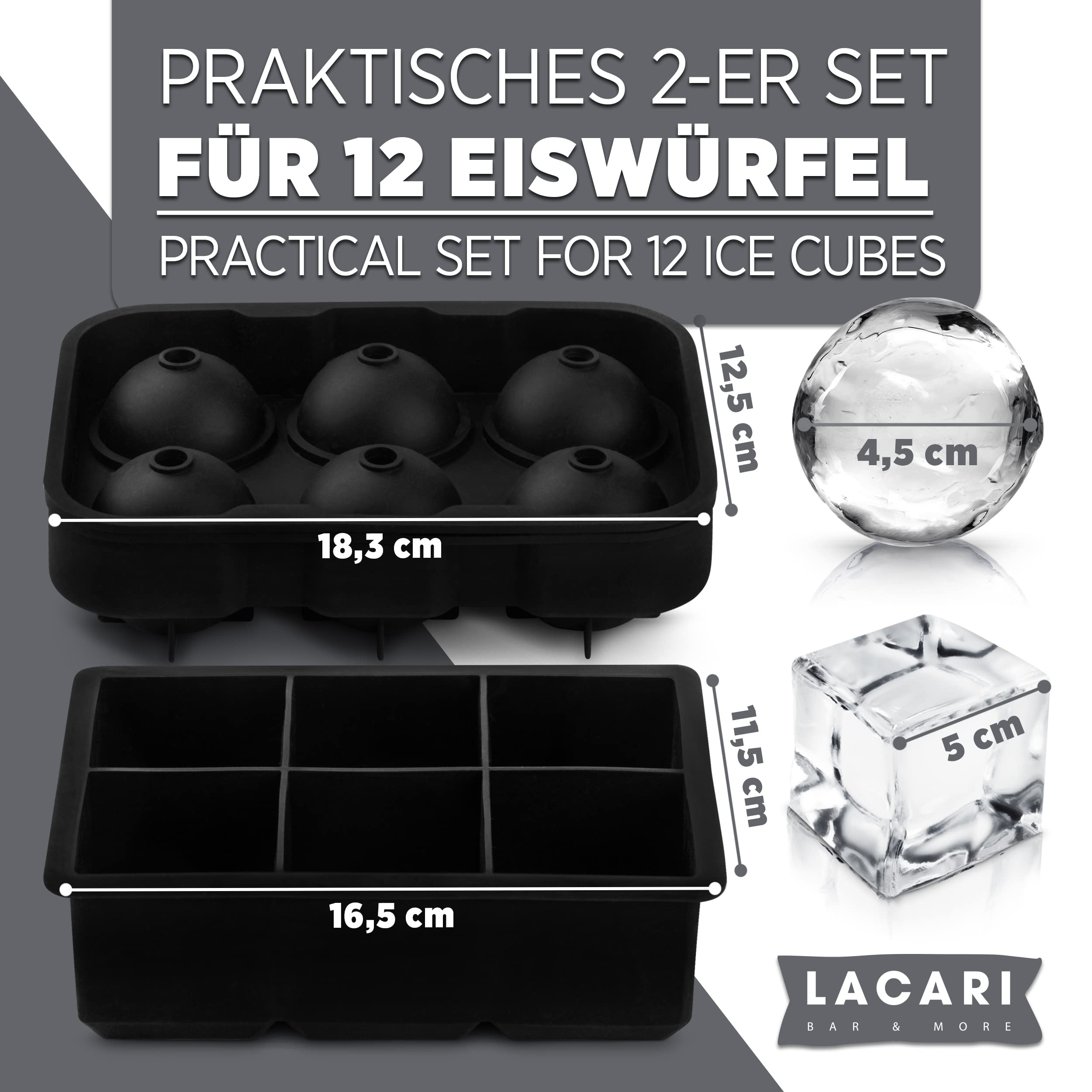 Eiswürfelform groß | Eiswürfelform Silikon | Lacari ORIGINAL Eiswürfelform für große Eiswürfel | Ice Cube XXL | 6x Rund & 6x Eckig | Eiswürfelbehälter für Getränke | Ice Cube Tray BPA Frei