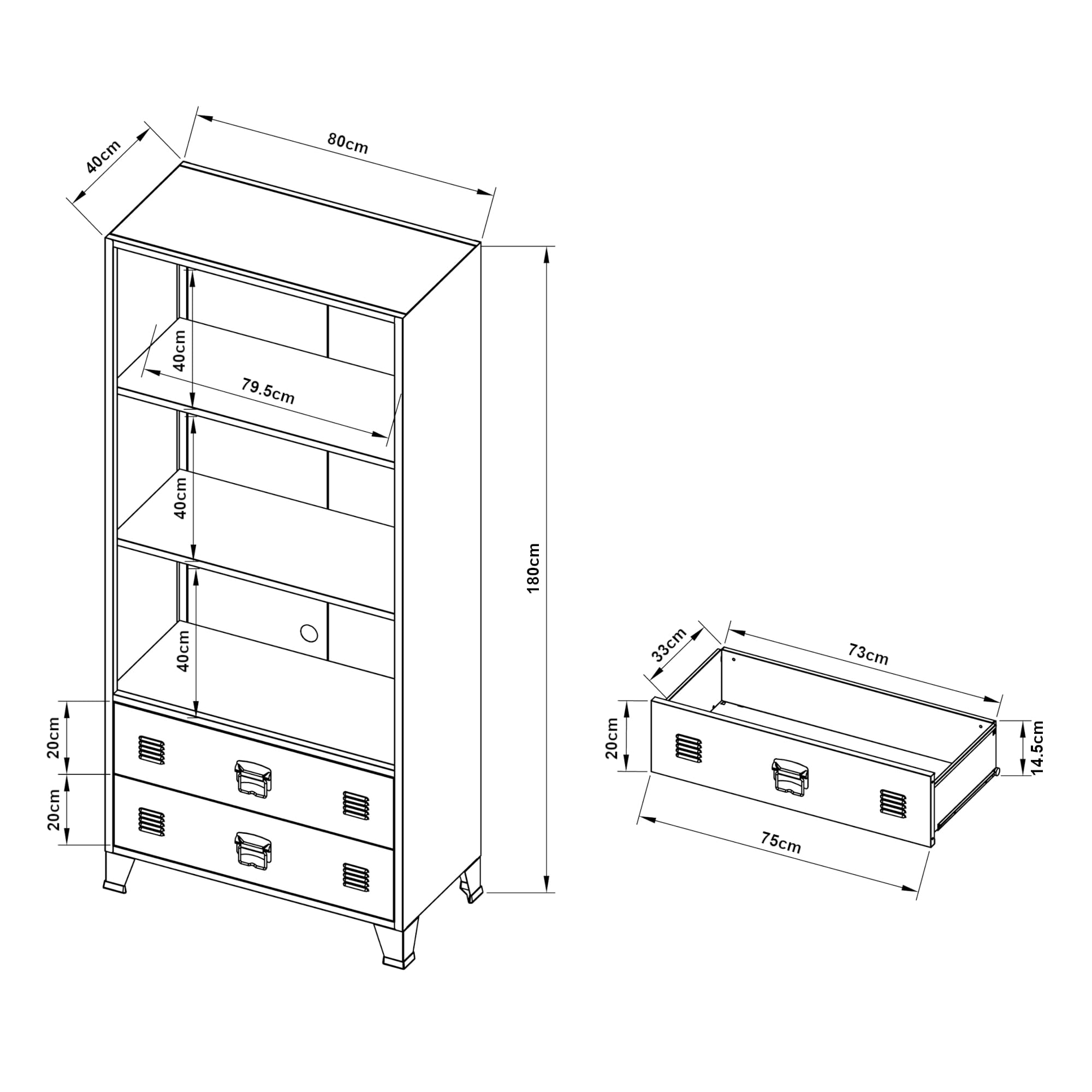 [en.casa] Bücherregal Hammarland Bücherschrank mit 2 Schubladen Schwarz Wohnzimmerschrank Metall Standregal mit Kabeldurchlass 180 x 80 x 40 cm