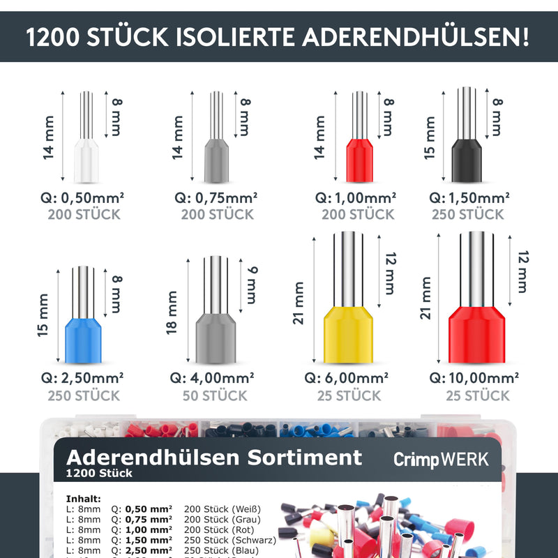 CrimpWERK Selbsteinstellende Crimpzange für Aderendhülsen - Crimpzangen-Set inkl. 1200 Aderendhülsen Set (0.5mm² - 10.00mm²) – Ihr Komplettset für präzises Crimpen und Kabelarbeiten