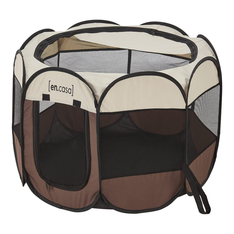 [en.casa] Hundelaufstall Telford 43 x 74 x 74 cm Pop Up Tierlaufstall für Innen- und Außenbereich Welpenlaufstall Hundehütte Braun/Cremefarben