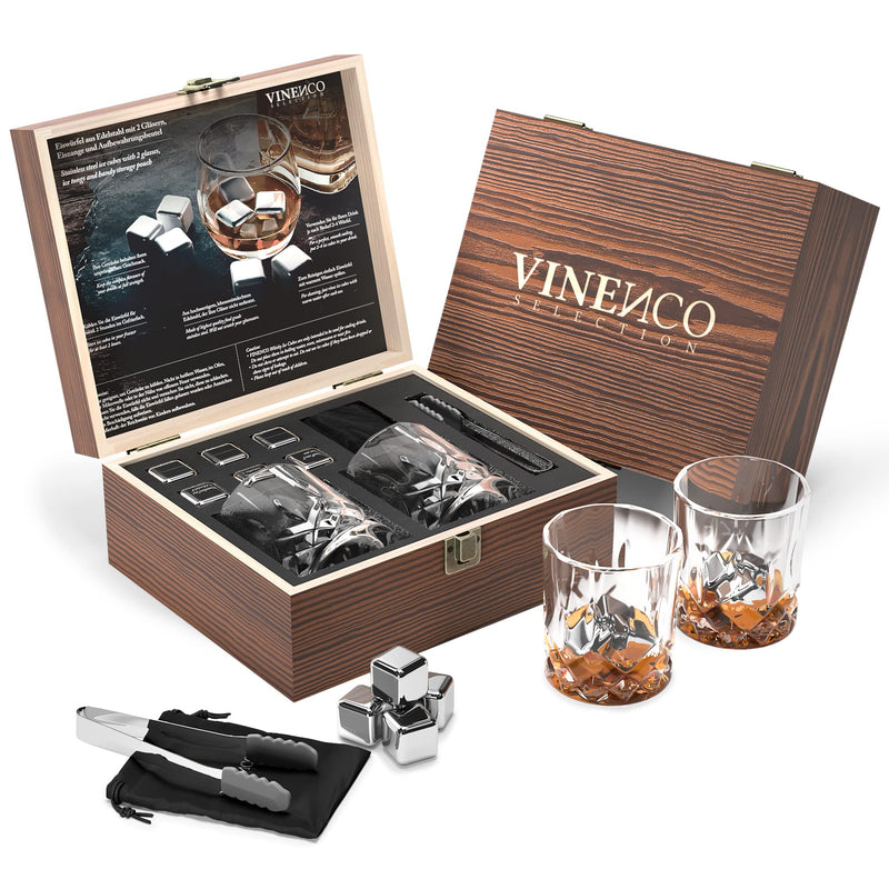 Whisky Steine Set - 6 Wiederverwendbare Edelstahl Eiswürfel + 2 Gläser, Zange | Whiskey Ice Cubes Metall Kühlsteine Bar Zubehör Cocktail Rocks Gin Stones Dekorationszubehör Geschenk Whiskysteine