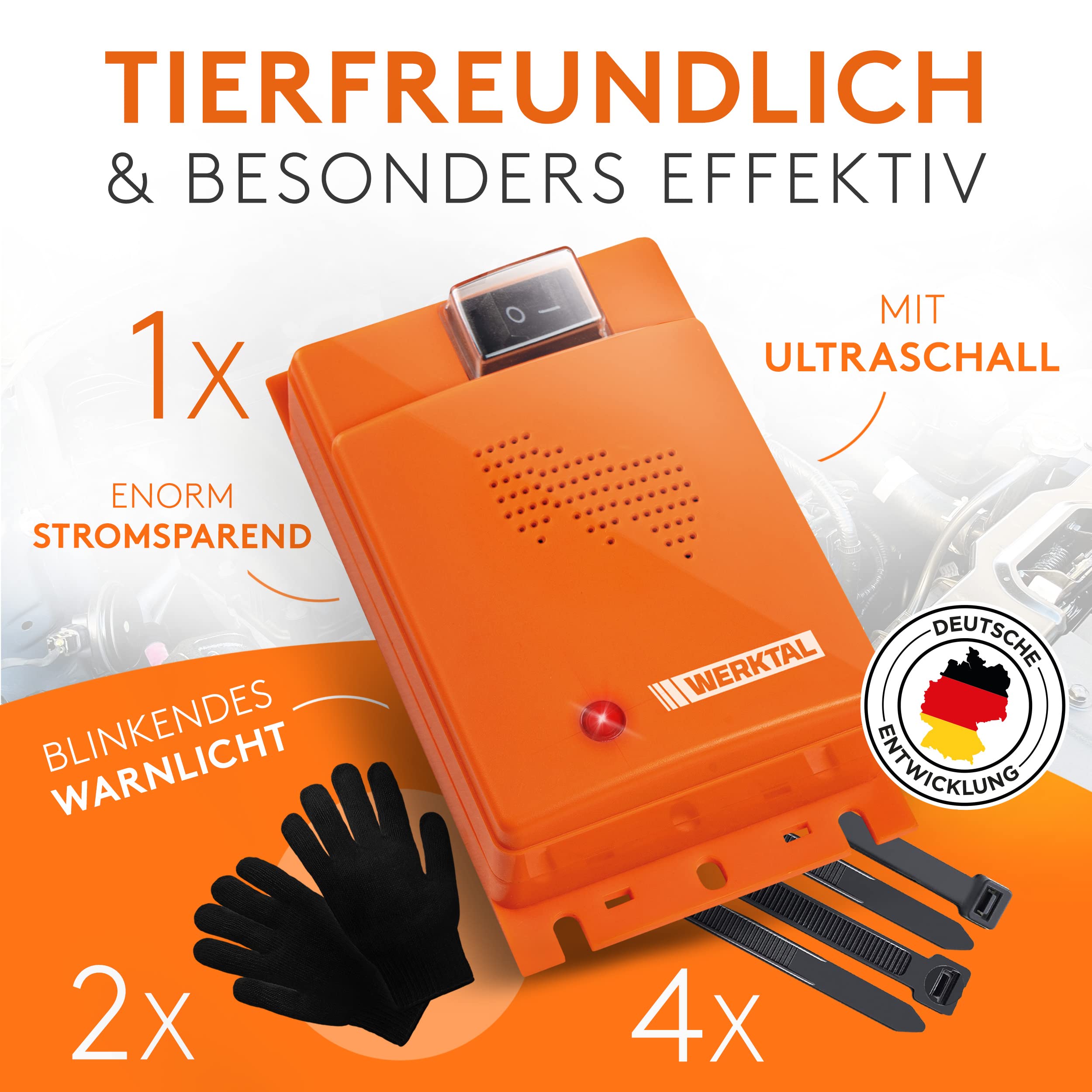 WERKTAL Marderschreck Auto - Effektive Marderabwehr mit Ultraschall & Blitzlicht [Autobatteriebetrieben]- Automatischer Marderschrecker Auto - Dauerhafte Mader Abwehr für Motorraum - Marderabwehrgerät