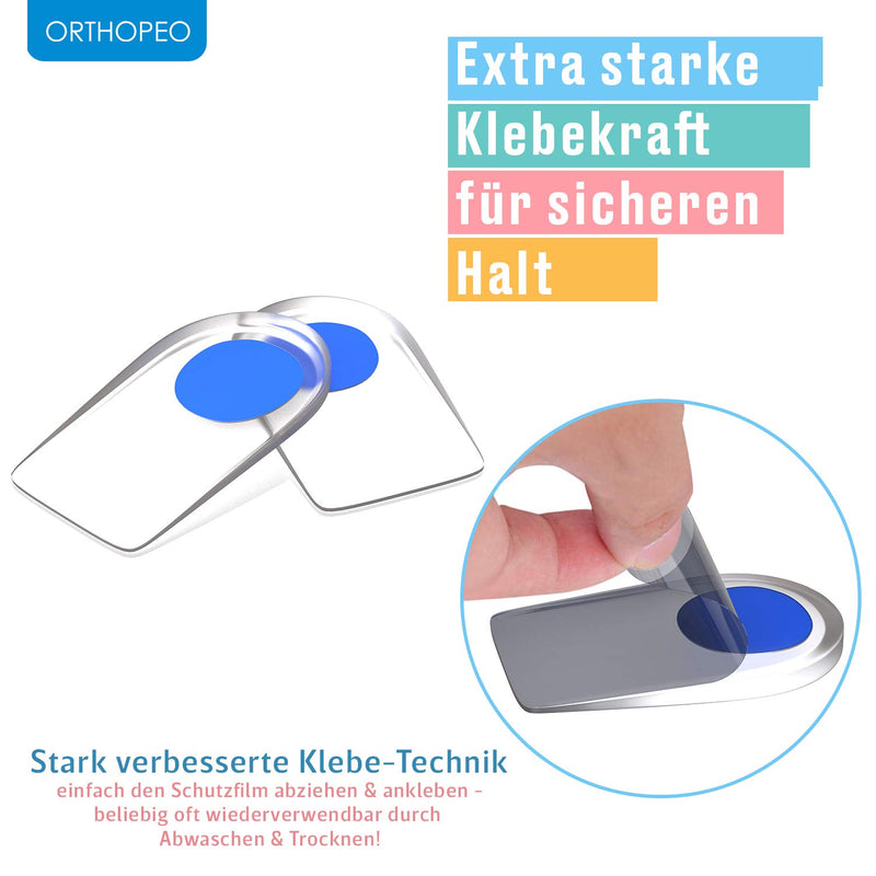 ORTHOPEO Premium Fersensporn Einlagen I Fersenpolster I Fersenkissen für Schuhe I Gel Silikon Einlagen Fersensporn Herren I 2 Paar Geleinlagen für die Ferse I Orthopädische Gelkissen I L10.8 cm B 7 cm