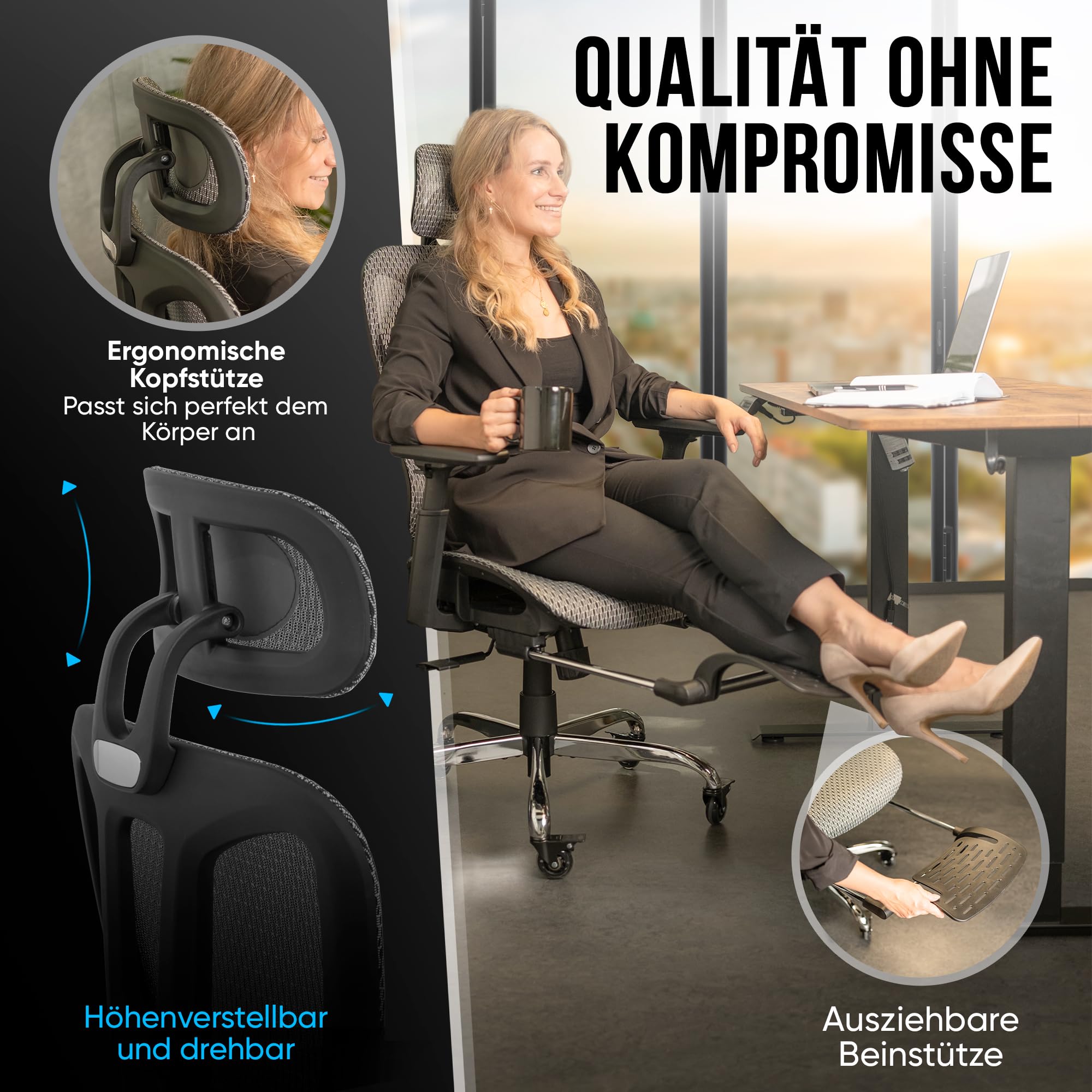 KRONIVO Bürostuhl Ergonomisch, Schreibtischstuhl mit Fußstütze | Office Chair Ergonomic mit Kopfstütze Armlehnen Lendenwirbelstütze | Schreibtisch Stuhl mit Rollen rückenschonend bis 200kg