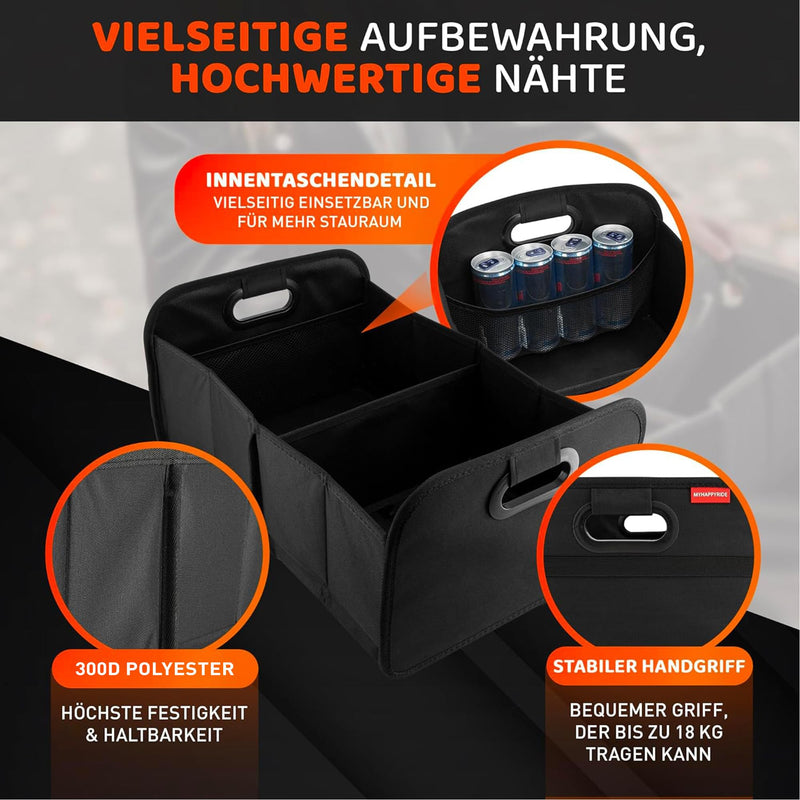 MyHappyRide Auto Kofferraumtasche Schwarz - Kofferraum Organizer zusammenklappbar - Faltbare Aufbewahrungsbox - antirutsch und wasserfester Boden - Auto Faltbox