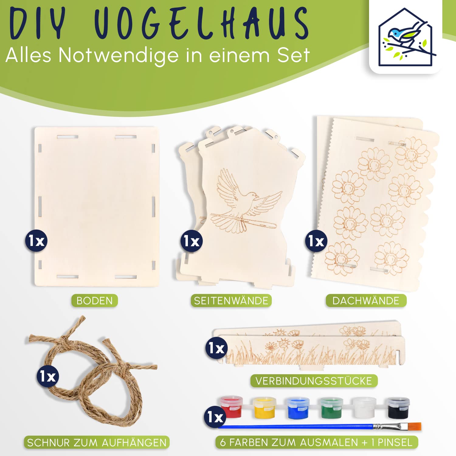 FUN TRADING DIY Vogelhaus zum Bemalen - praktischer Vogelhaus Bausatz für Kinder inkl. Farben und Pinsel - Vogelhäuschen zum Bemalen - ideal für kreative Naturfreunde