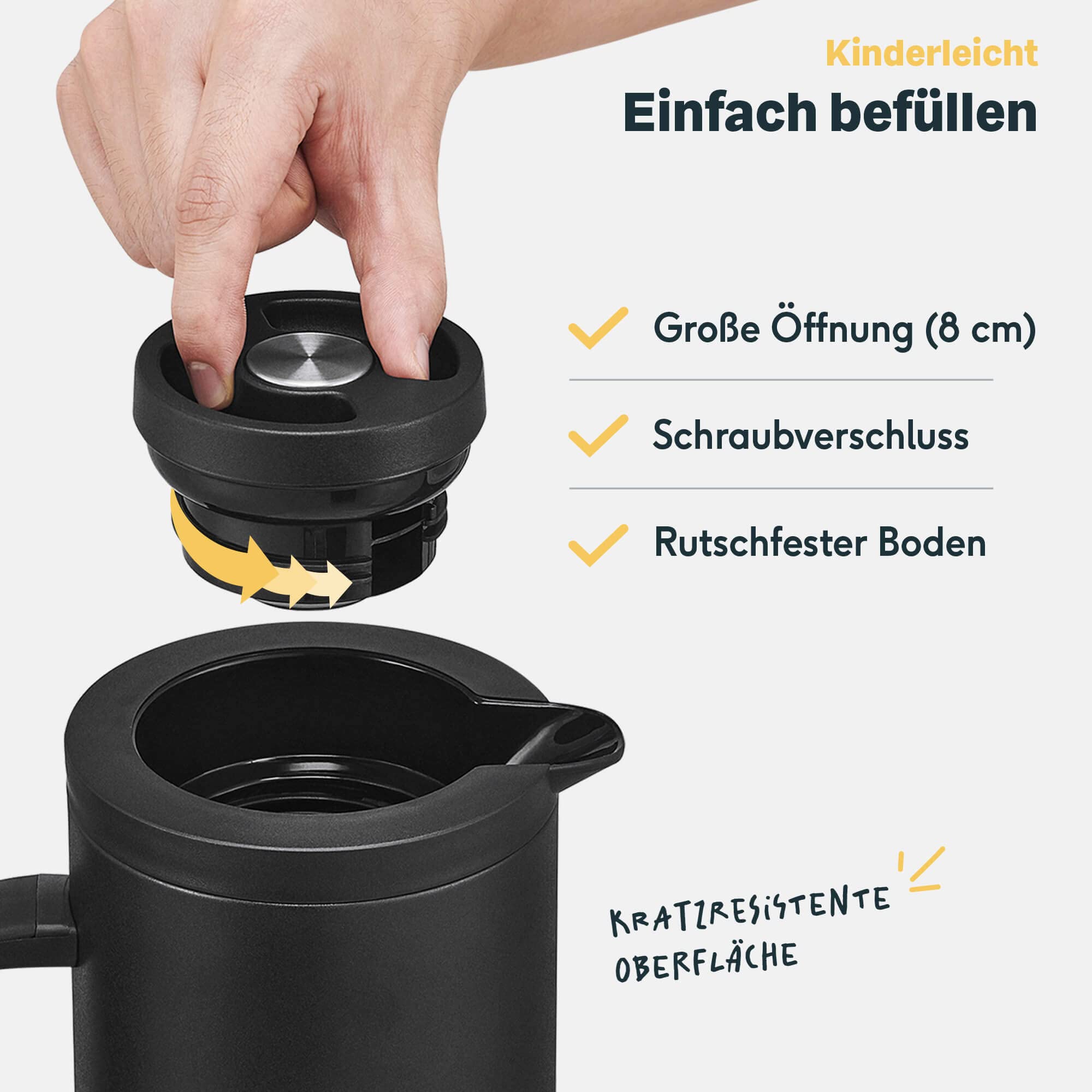 SILBERTHAL Thermoskanne 1l Edelstahl - Doppelwandige Isolierkanne mit Drehverschluss & Glaseinsatz - Moderne Kaffeekanne in Schwarz Matt