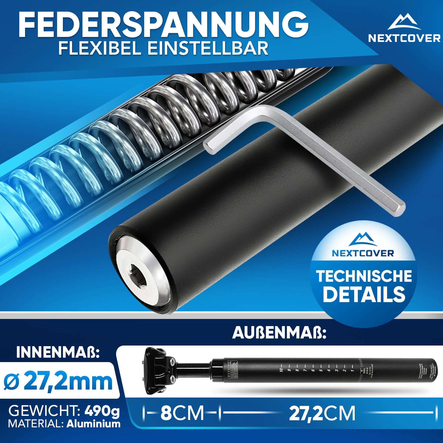 NEXTCOVER® Fahrrad Sattelstütze gefedert mit 27.2mm Durchmesser und [Comfort-Spring] Technologie I gefederte Sattelstütze, Sattelstange, Federsattelstütze