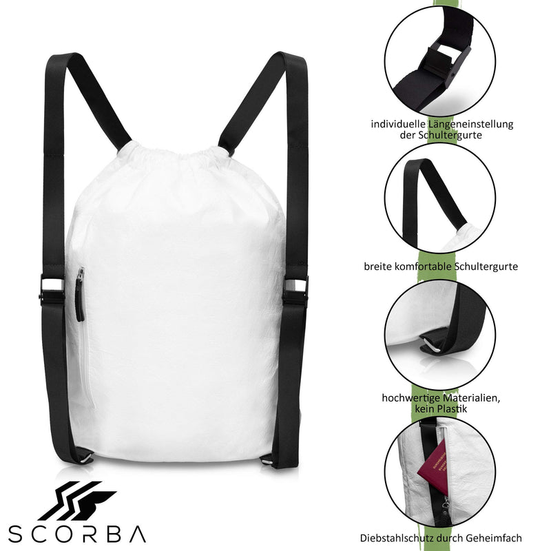 SCORBA Turnbeutel aus Papier - Umweltfreundlich, Wasserdicht, Leicht & Faltbar | für Damen & Herren | Gym Bag Sportbeutel Sportrucksack Rucksack - Beutel für Alltag, Sport, Wandern & Reisen | Weiß